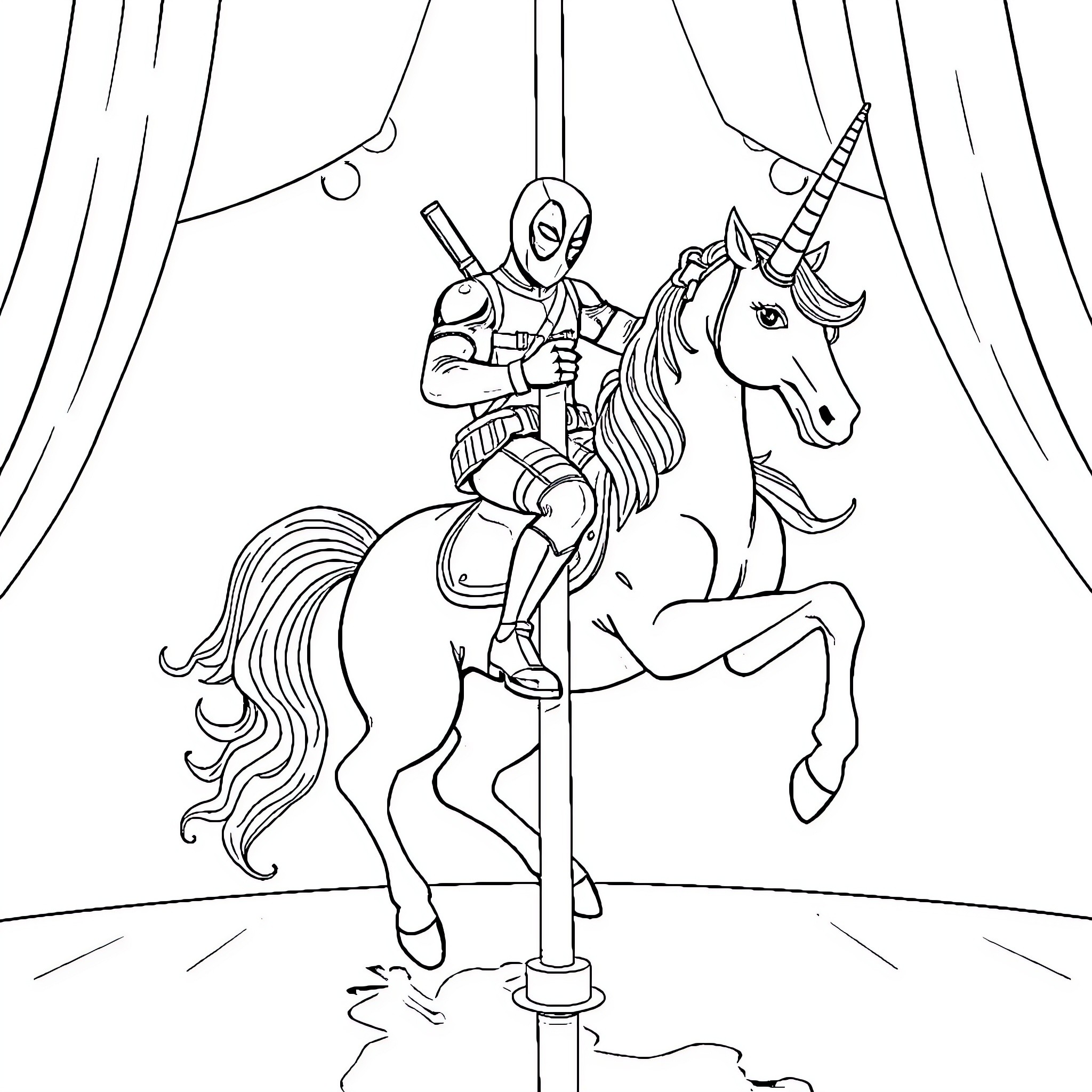 Deadpool Riding a Magical Unicorn in a Circus Coloring Page (free black-and-white line drawing printable PDF for all, from beginners to advanced learners, including children, teens, adults, and seniors)