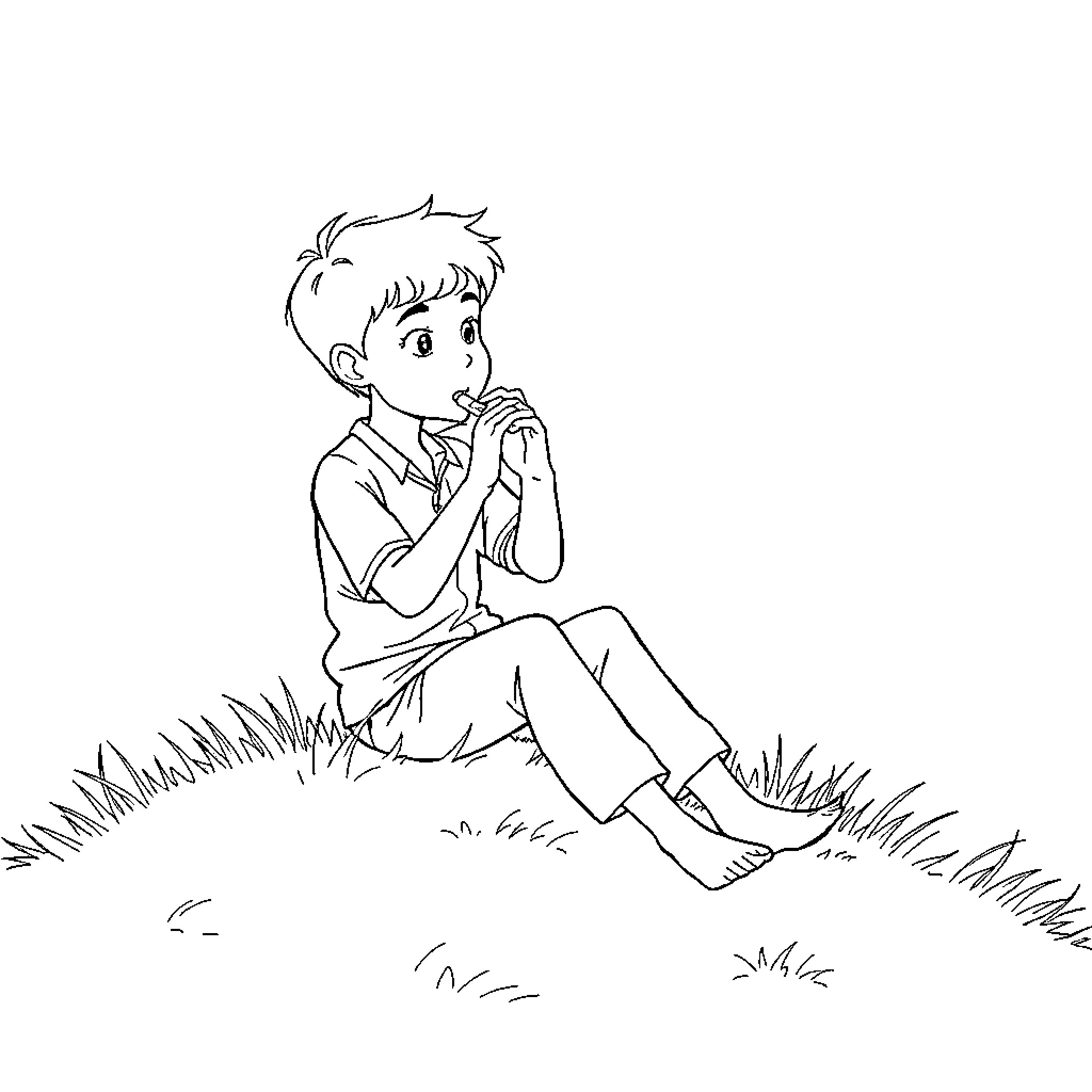 Boy ponders thoughtfully in the grass Coloring Page (free black-and-white line drawing printable PDF for all, from beginners to advanced learners, including children, teens, adults, and seniors)