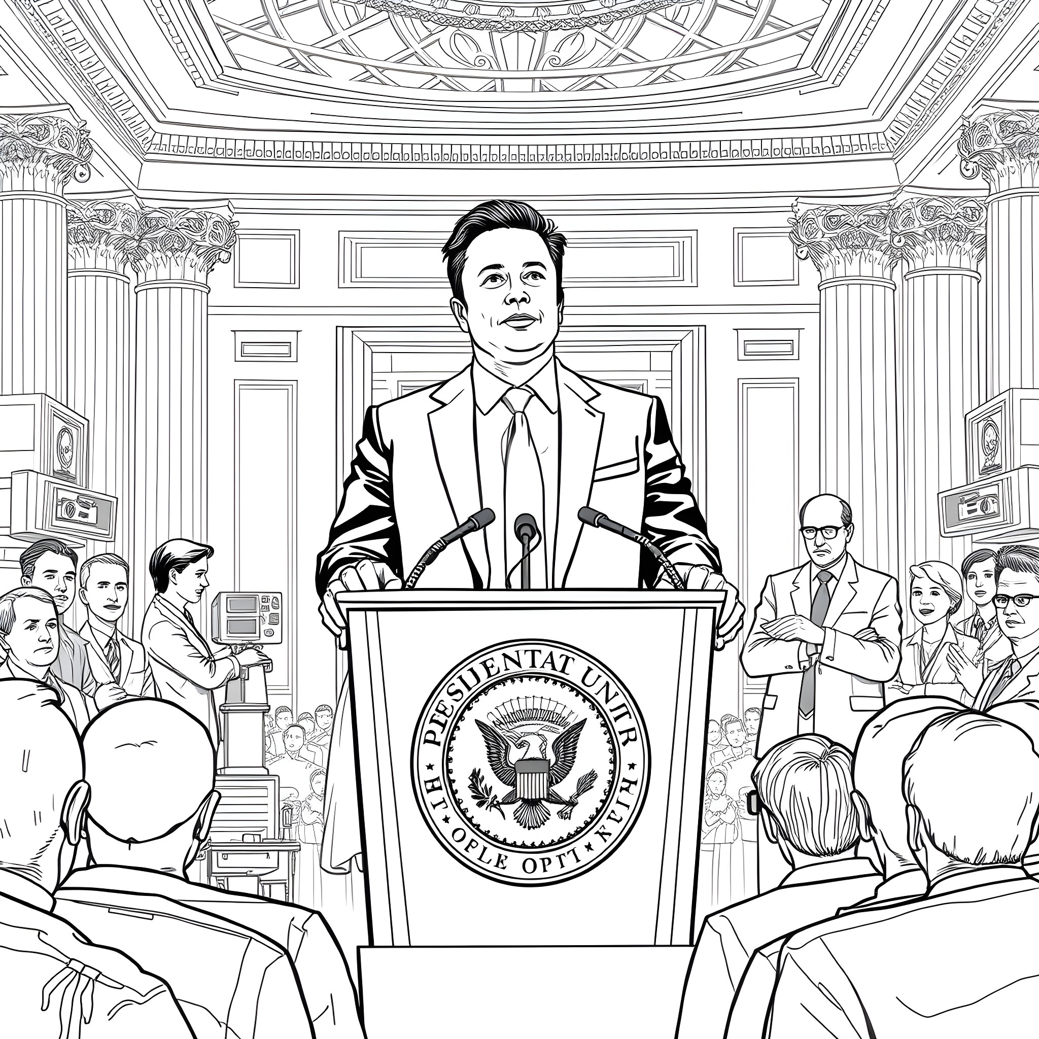 Elon Musk giving a speech at the Presidential Inauguration Coloring Page (free black-and-white line drawing printable PDF for all, from beginners to advanced learners, including children, teens, adults, and seniors)