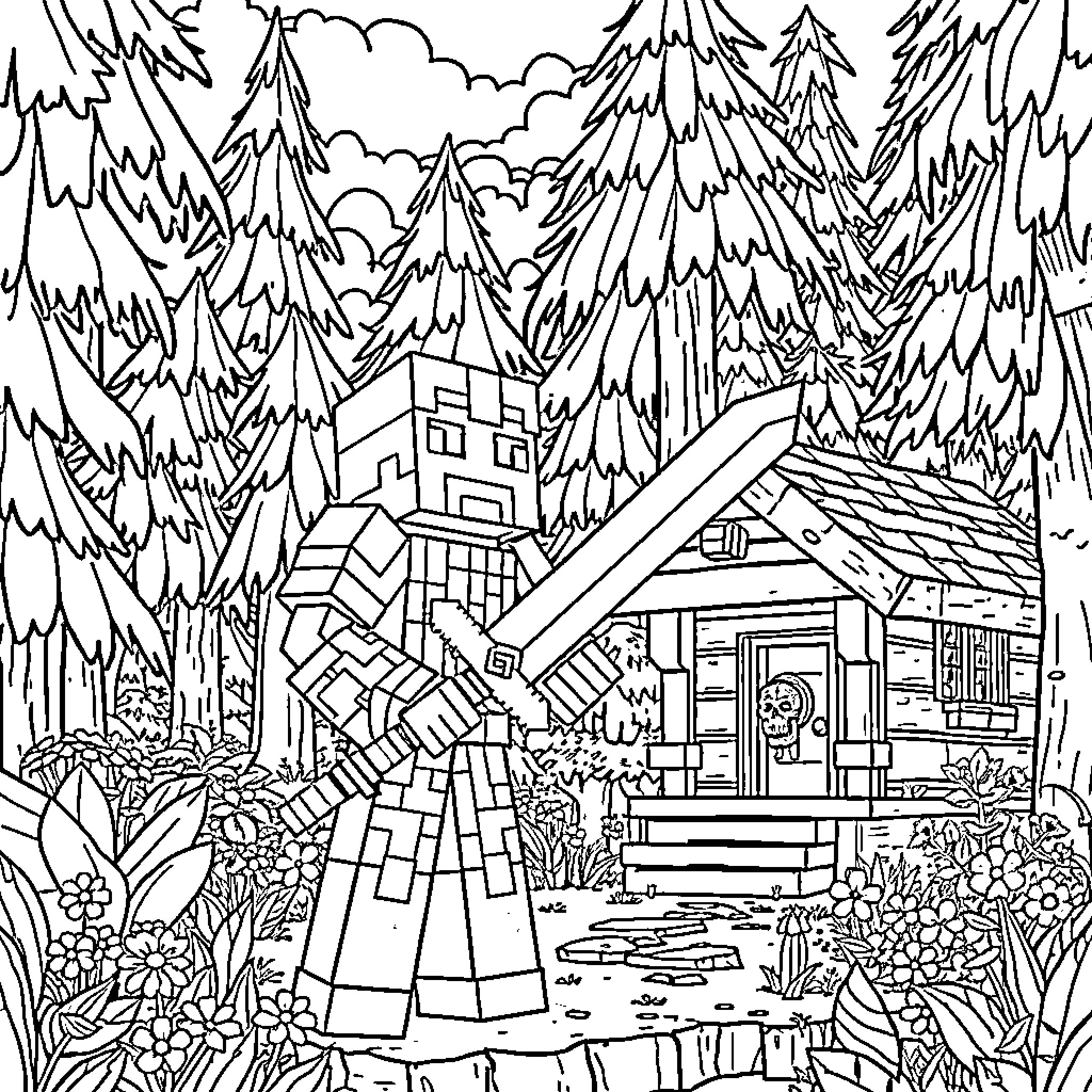 Minecraft Character exploring a cozy cabin in the forest Coloring Page (free black-and-white line drawing printable PDF for all, from beginners to advanced learners, including children, teens, adults, and seniors)