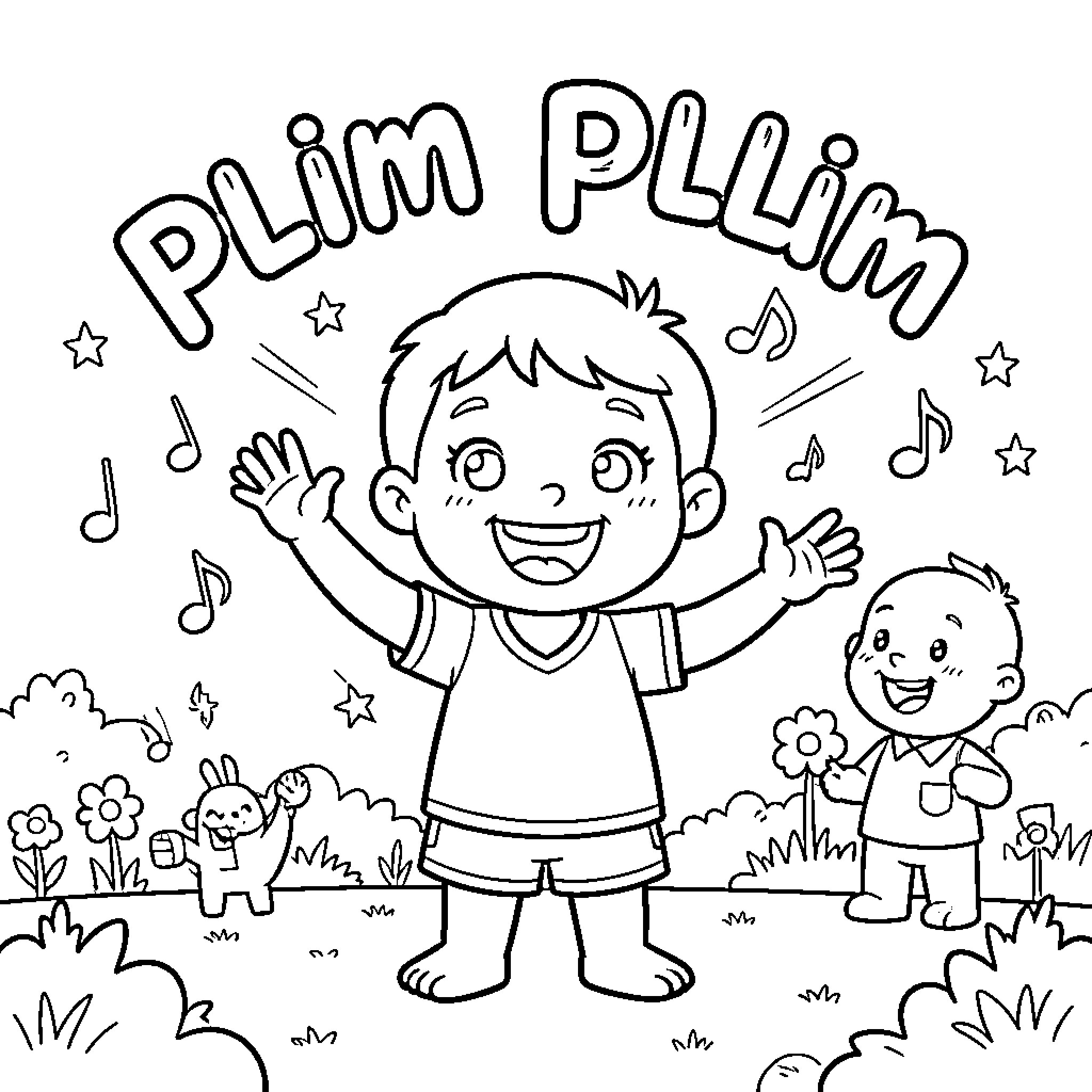 Plim Plim: Happy Kids Playing in the Outdoors Coloring Page (free black-and-white line drawing printable PDF for all, from beginners to advanced learners, including children, teens, adults, and seniors)