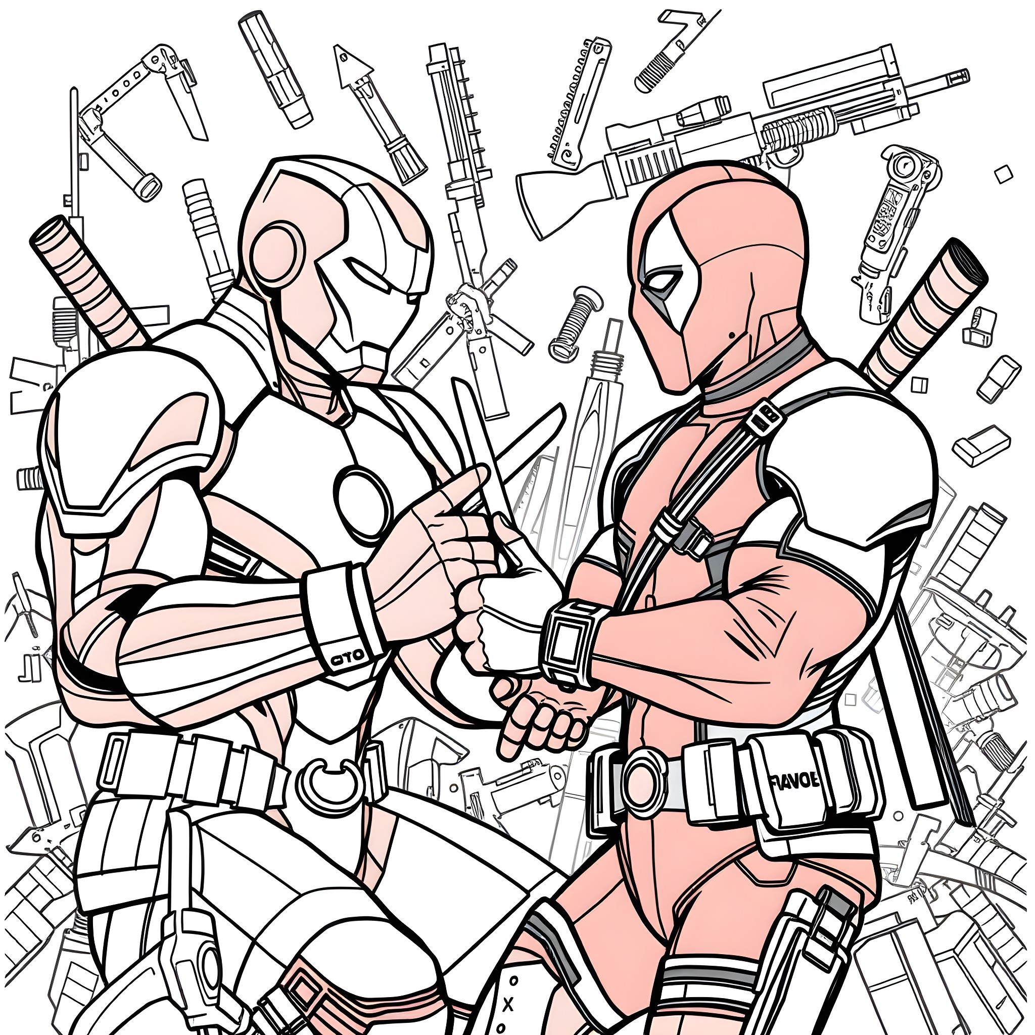 Iron Man and Deadpool in action-packed scene Coloring Page (free black-and-white line drawing printable PDF for all, from beginners to advanced learners, including children, teens, adults, and seniors)