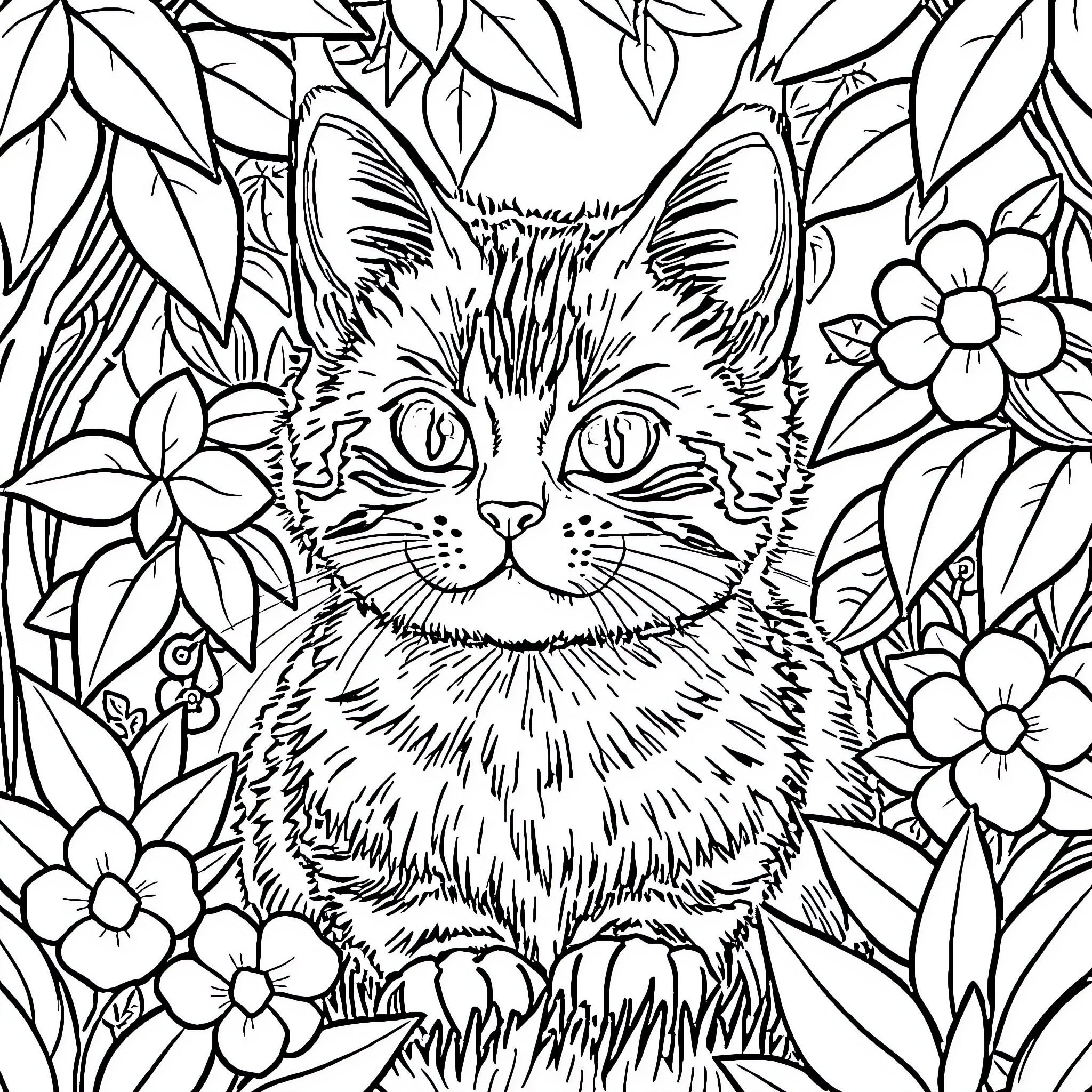 Cat in a floral paradise Coloring Page (free black-and-white line drawing printable PDF for all, from beginners to advanced learners, including children, teens, adults, and seniors)