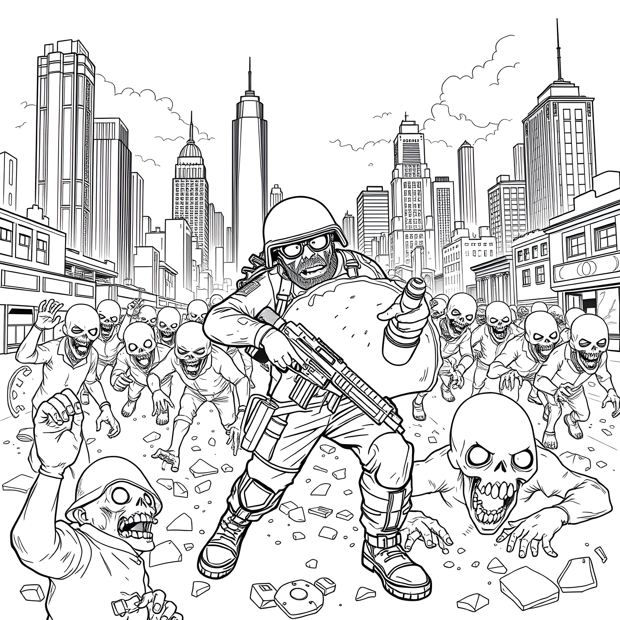 Taco Soldier Fights Off Undead in Apocalyptic City Coloring Page (free black-and-white line drawing printable PDF for all, from beginners to advanced learners, including children, teens, adults, and seniors)