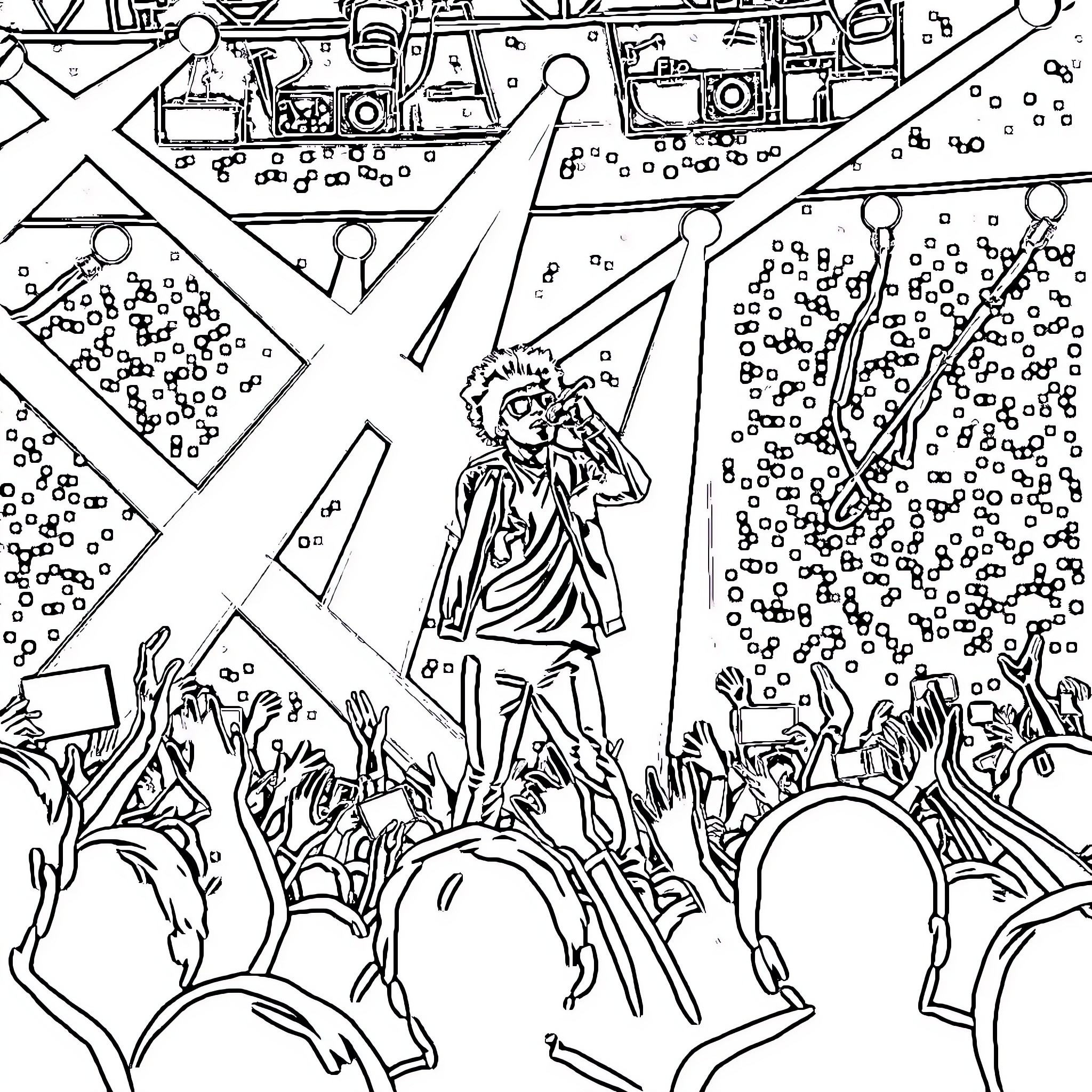 Bruno Mars performing energetically on stage with adoring crowd Coloring Page (free black-and-white line drawing printable PDF for all, from beginners to advanced learners, including children, teens, adults, and seniors)