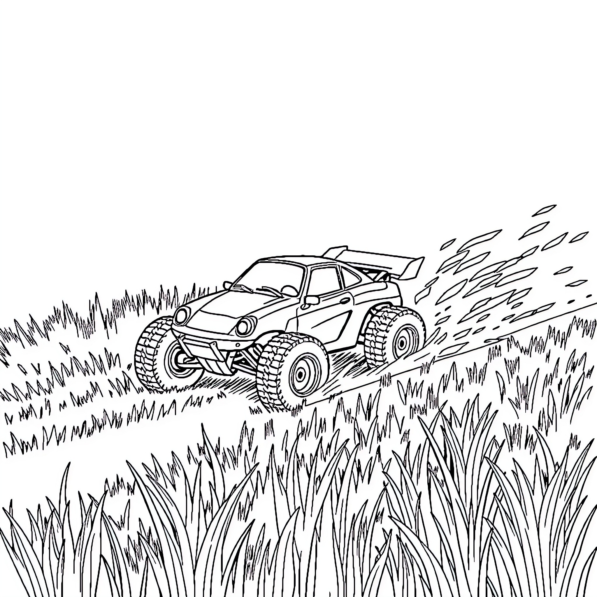 RC Car racing through the grassy field Coloring Page (free black-and-white line drawing printable PDF for all, from beginners to advanced learners, including children, teens, adults, and seniors)