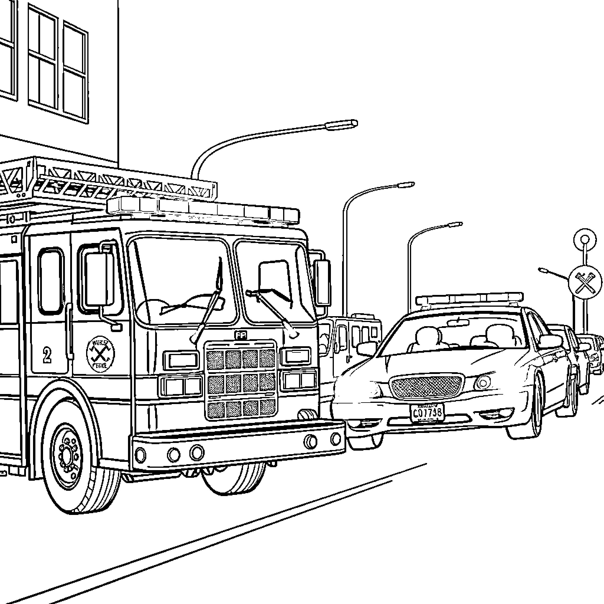 Firetruck responding to emergency with police car Coloring Page (free black-and-white line drawing printable PDF for all, from beginners to advanced learners, including children, teens, adults, and seniors)