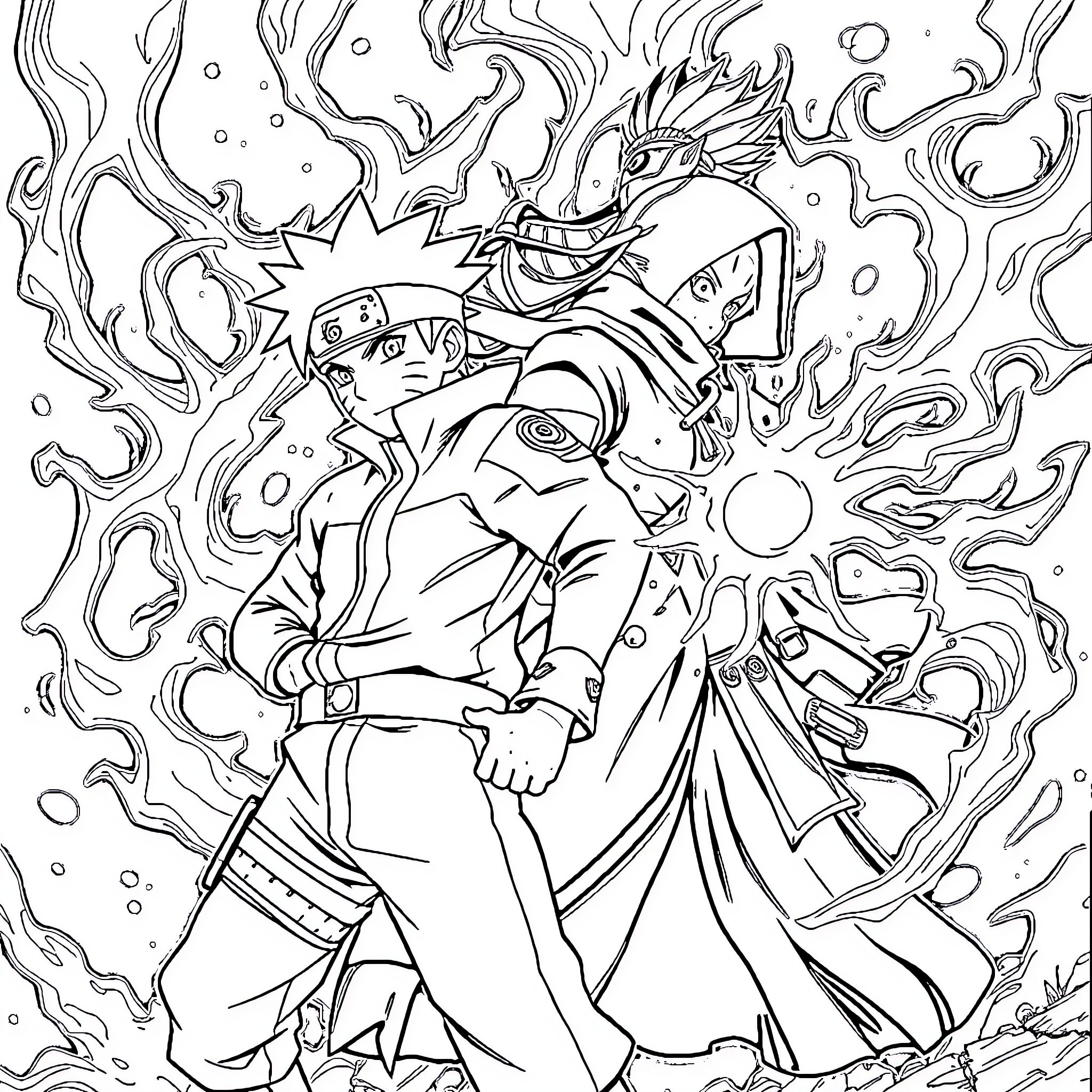 Naruto's Powerful Transformation Coloring Page (free black-and-white line drawing printable PDF for all, from beginners to advanced learners, including children, teens, adults, and seniors)