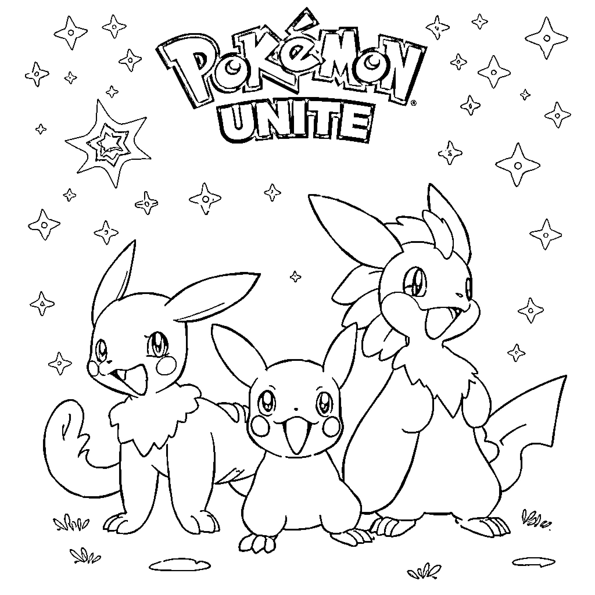 Pokémon Unite: Trio of Playful Pokémon Characters Coloring Page (free black-and-white line drawing printable PDF for all, from beginners to advanced learners, including children, teens, adults, and seniors)