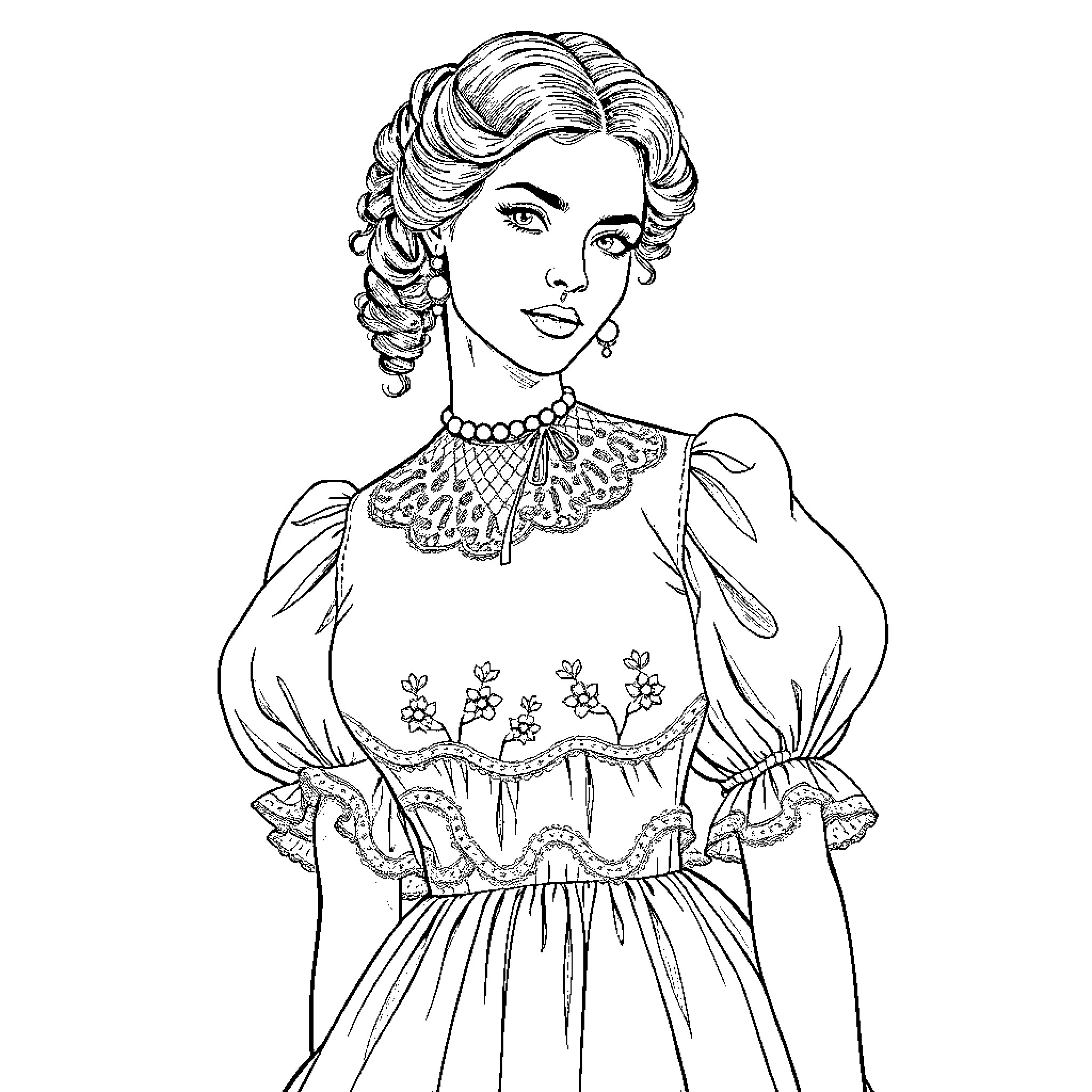 Model in Elegant Victorian Era Attire Coloring Page (free black-and-white line drawing printable PDF for all, from beginners to advanced learners, including children, teens, adults, and seniors)