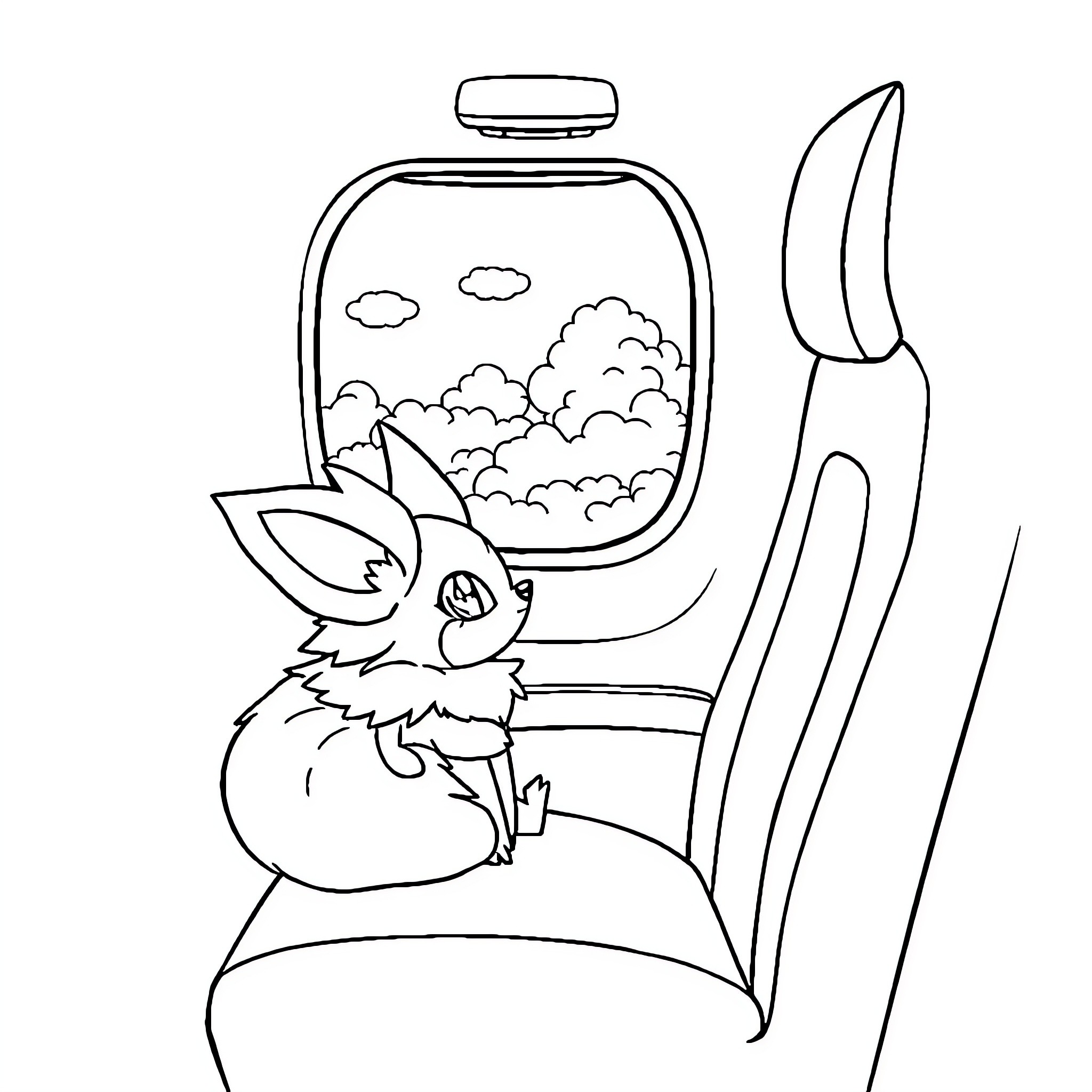Fennekin enjoying the scenic view through a window Coloring Page (free black-and-white line drawing printable PDF for all, from beginners to advanced learners, including children, teens, adults, and seniors)