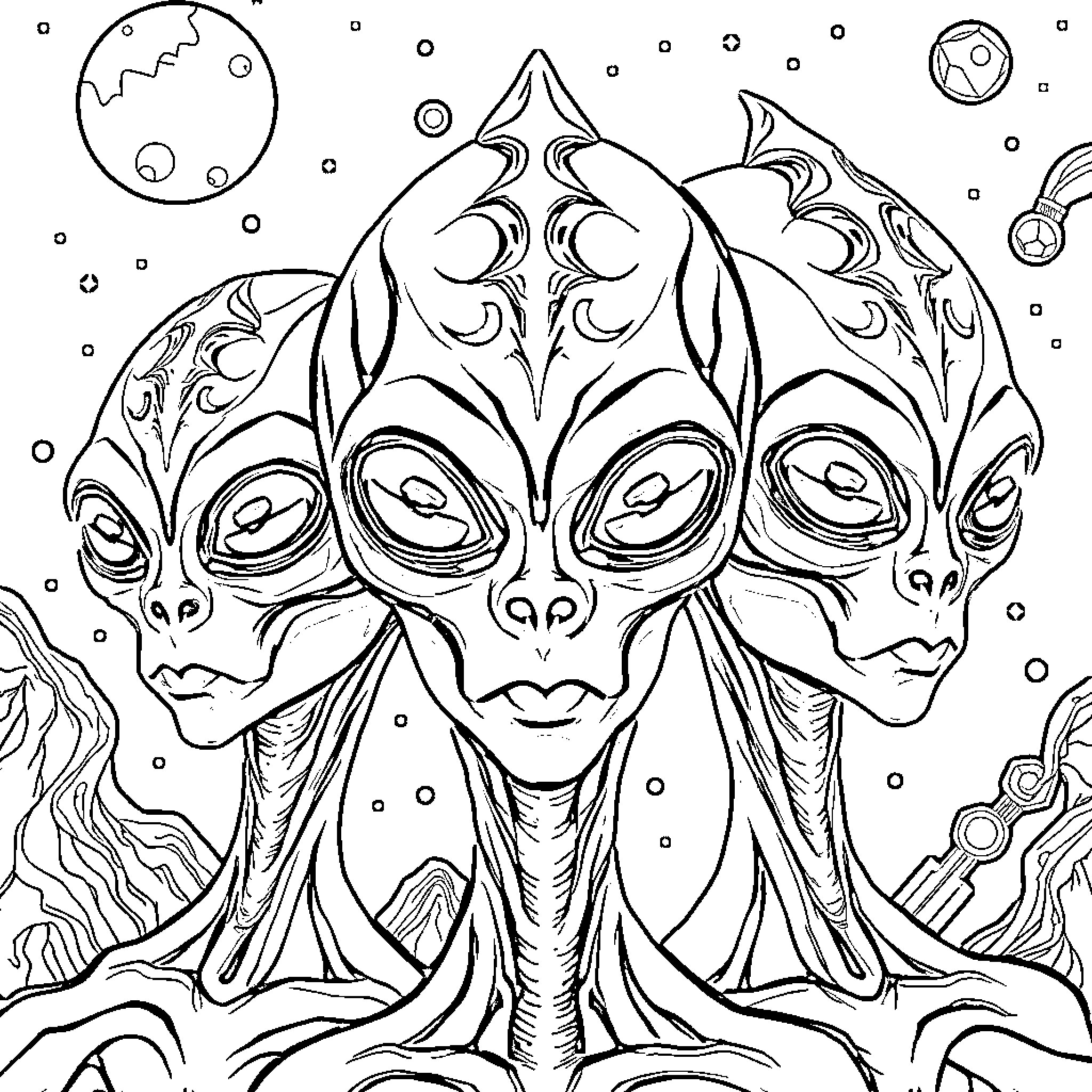 Alien creatures exploring mysterious cosmic landscape Coloring Page (free black-and-white line drawing printable PDF for all, from beginners to advanced learners, including children, teens, adults, and seniors)