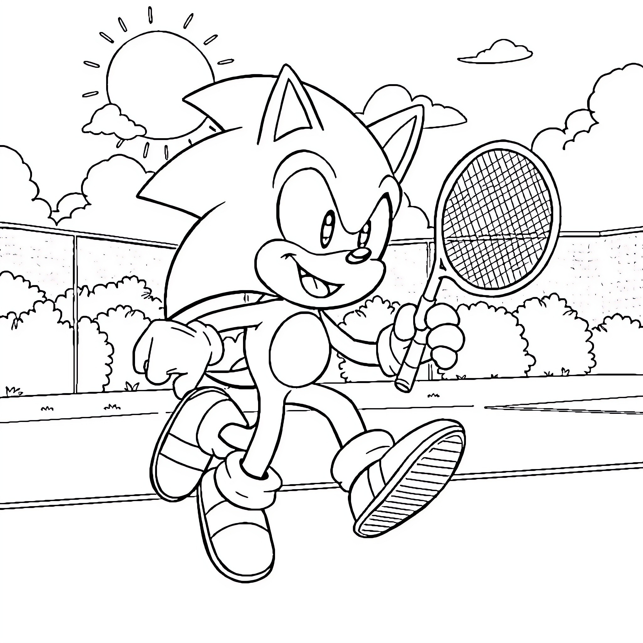 Sonic enjoying a game of tennis in the park Coloring Page (free black-and-white line drawing printable PDF for all, from beginners to advanced learners, including children, teens, adults, and seniors)