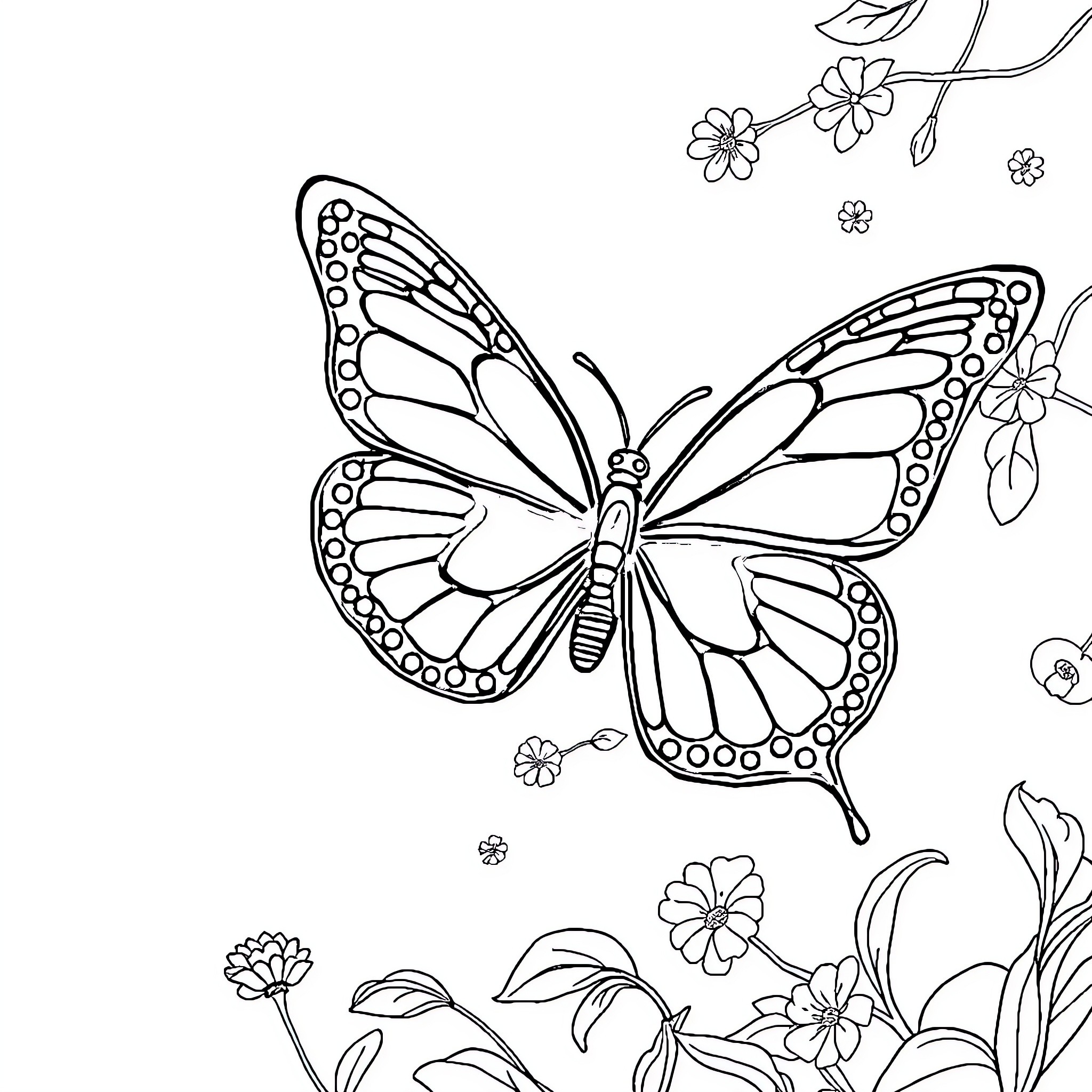 Butterfly soaring amidst floral artwork Coloring Page (free black-and-white line drawing printable PDF for all, from beginners to advanced learners, including children, teens, adults, and seniors)