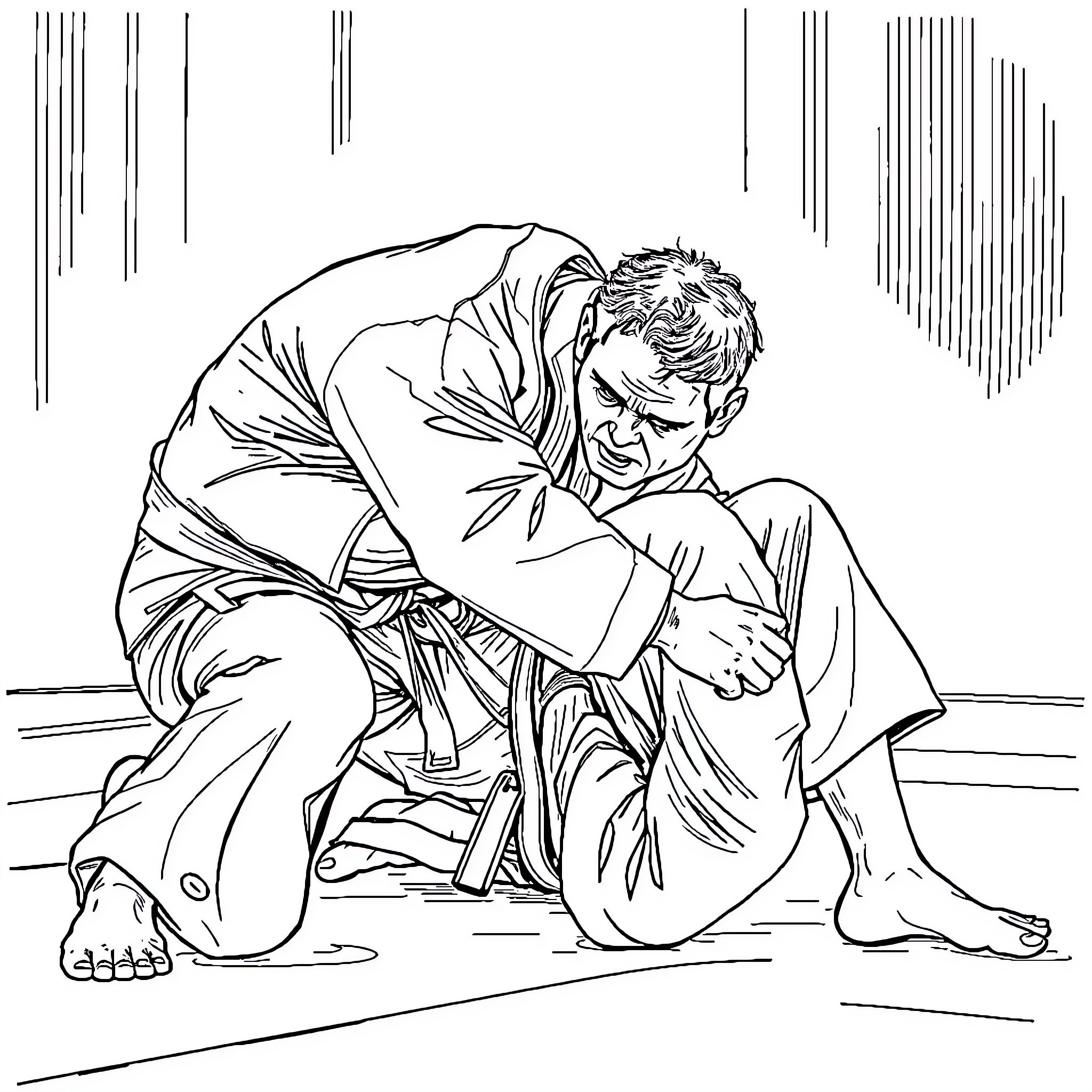 Jiujitsu Grappling Match in Intense Concentration Coloring Page (free black-and-white line drawing printable PDF for all, from beginners to advanced learners, including children, teens, adults, and seniors)
