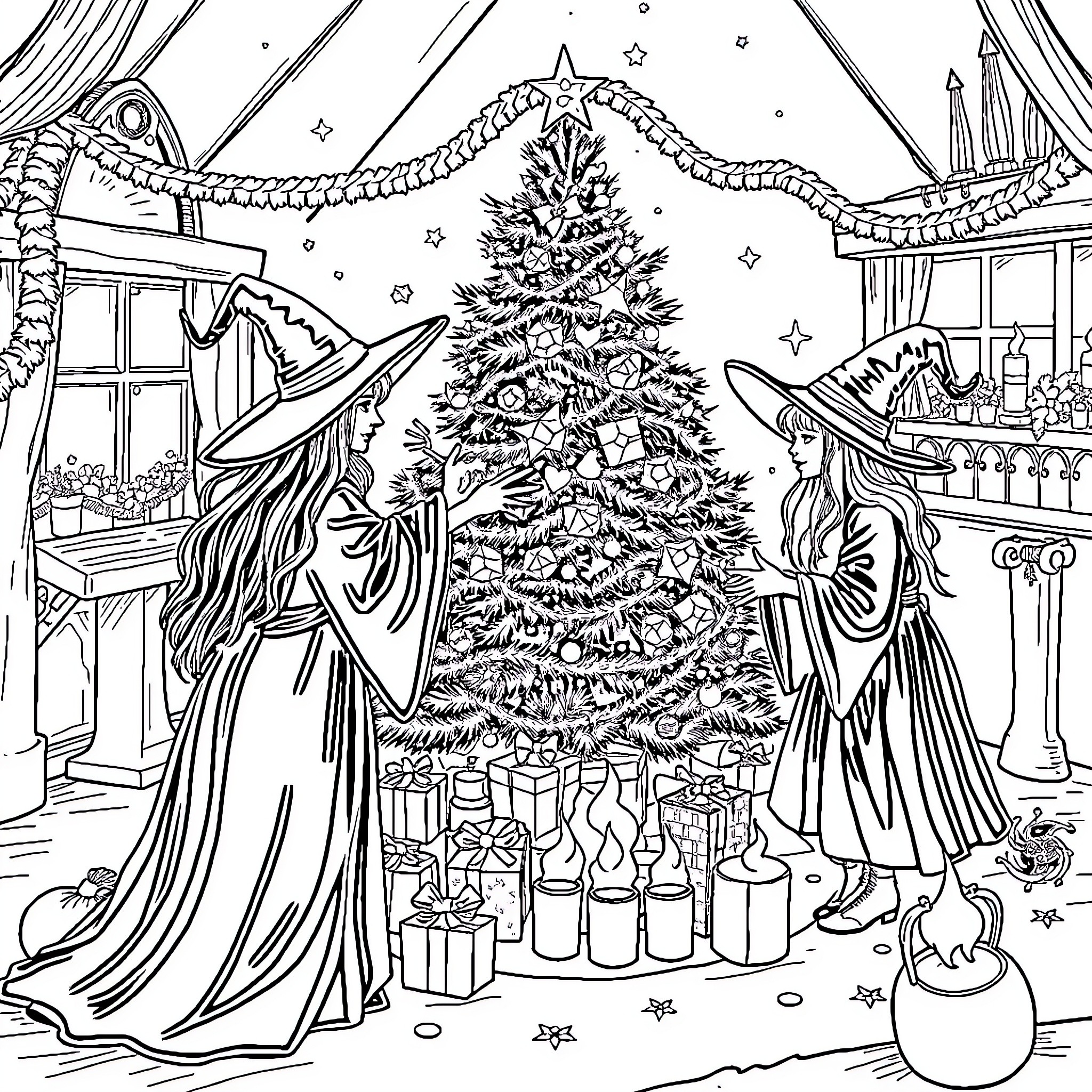 Witch preparing enchantments for Christmas celebration Coloring Page (free black-and-white line drawing printable PDF for all, from beginners to advanced learners, including children, teens, adults, and seniors)
