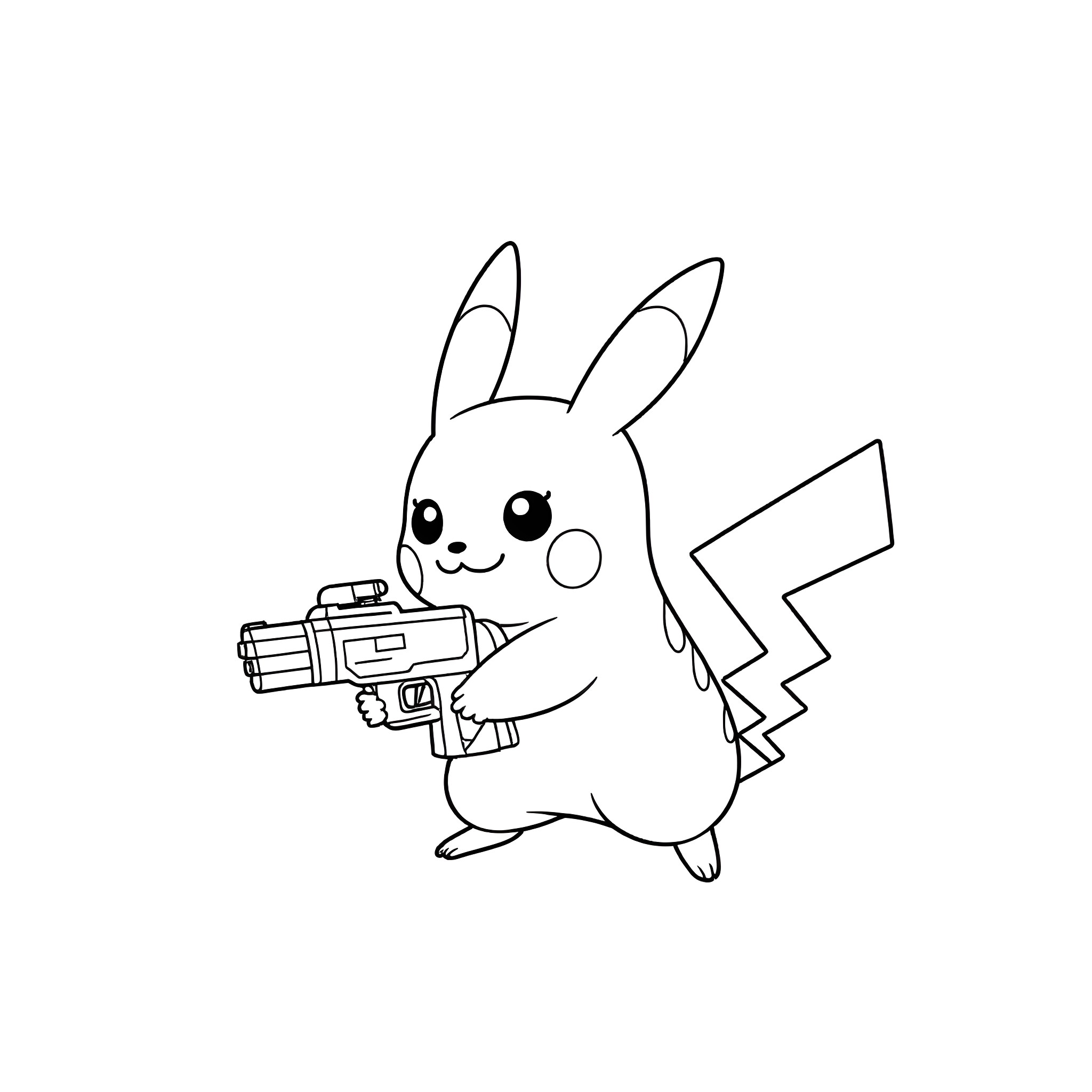 Pikachu wielding a blaster Coloring Page (free black-and-white line drawing printable PDF for all, from beginners to advanced learners, including children, teens, adults, and seniors)