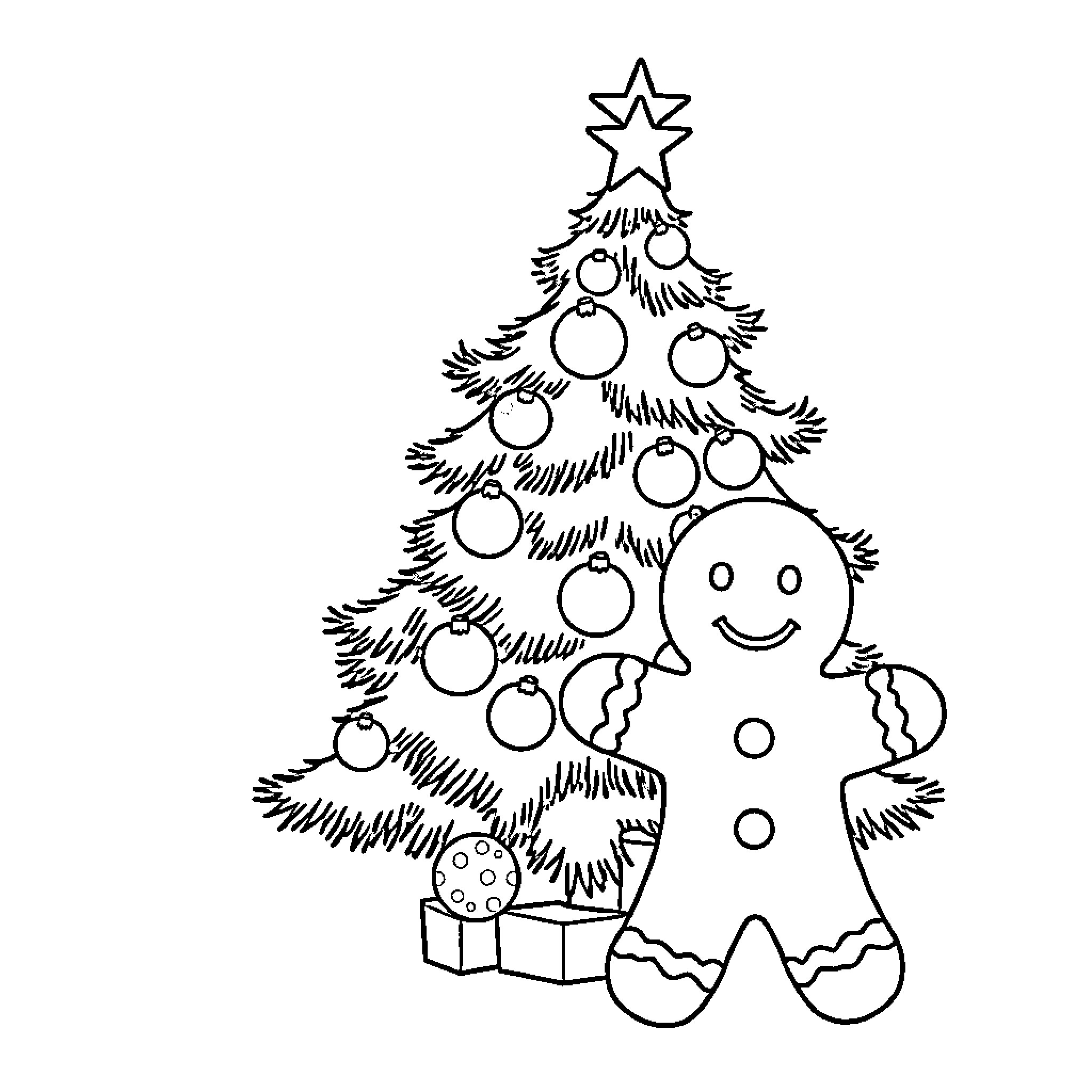 Christmas Tree with Gingerbread Person and Presents Coloring Page (free black-and-white line drawing printable PDF for all, from beginners to advanced learners, including children, teens, adults, and seniors)