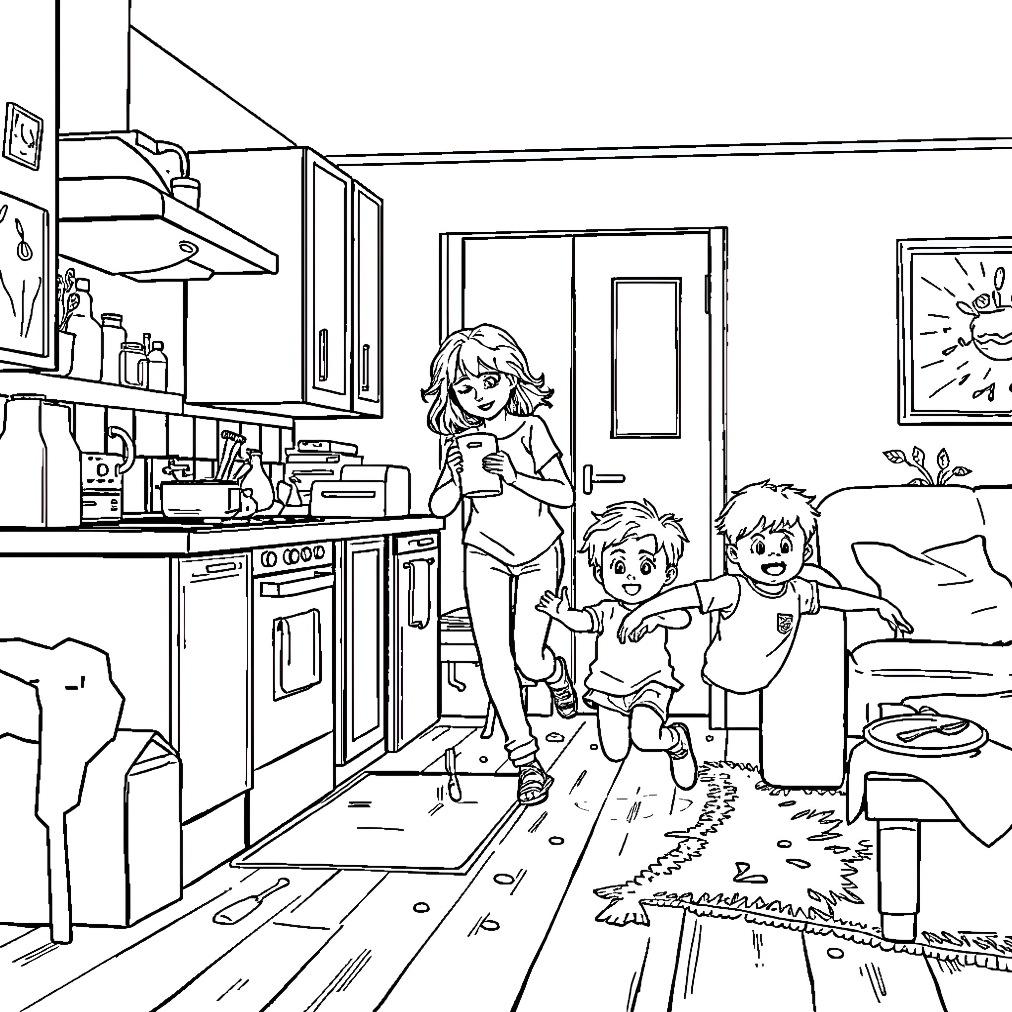 Mom caring for messy kids in the kitchen Coloring Page (free black-and-white line drawing printable PDF for all, from beginners to advanced learners, including children, teens, adults, and seniors)
