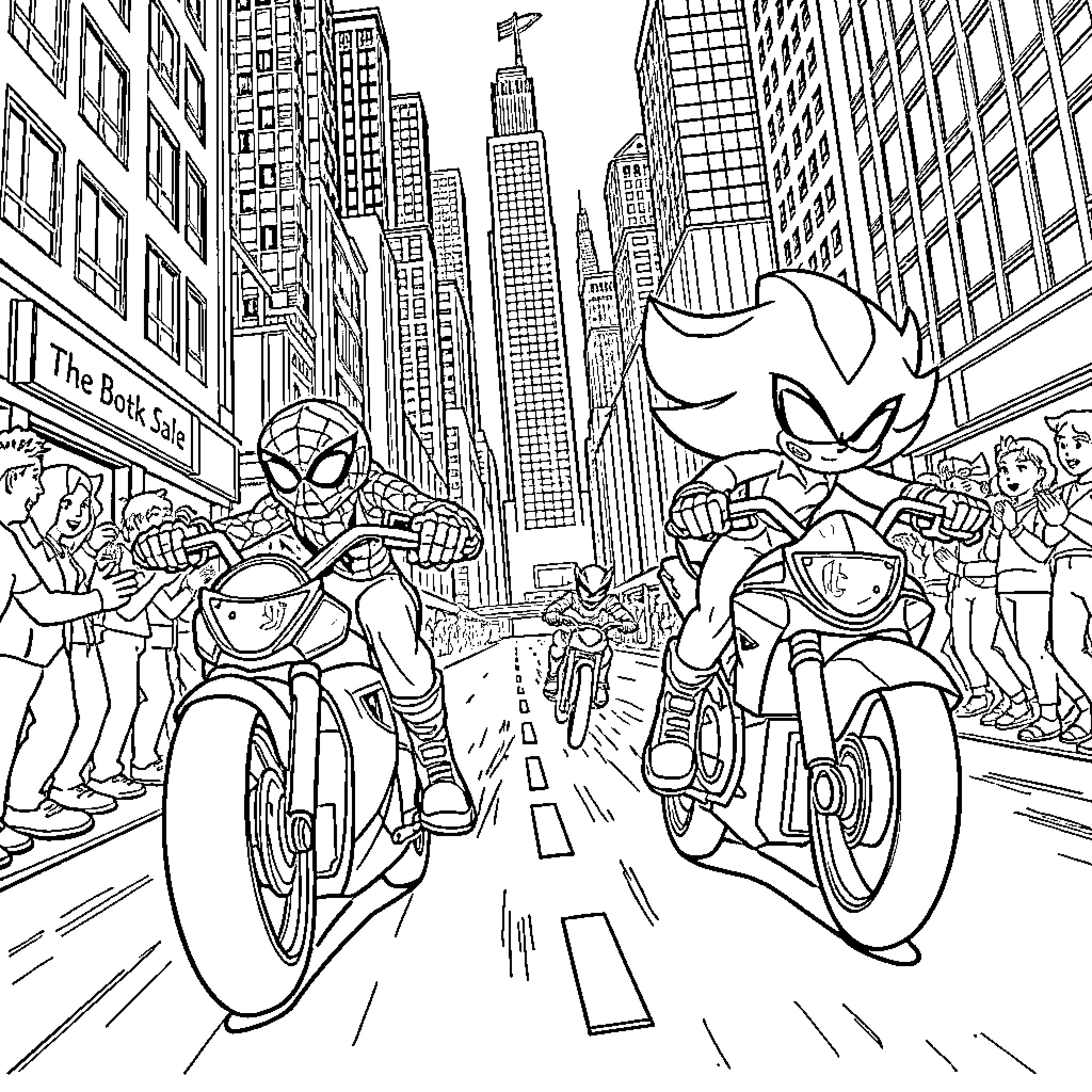 Spidey and friends racing through the bustling city streets Coloring Page (free black-and-white line drawing printable PDF for all, from beginners to advanced learners, including children, teens, adults, and seniors)