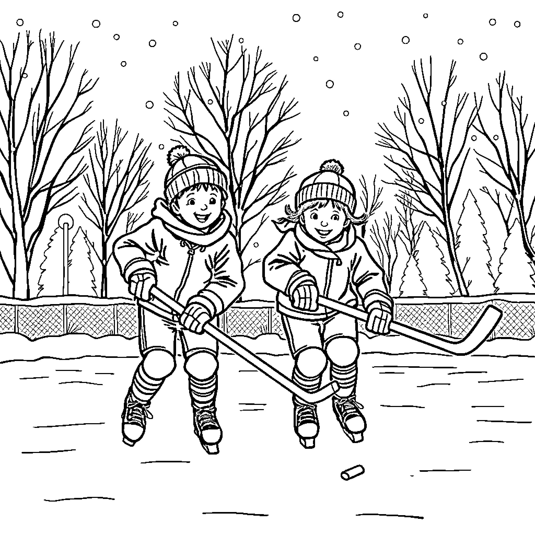 Twin friends enjoying winter sports on the ice rink Coloring Page (free black-and-white line drawing printable PDF for all, from beginners to advanced learners, including children, teens, adults, and seniors)