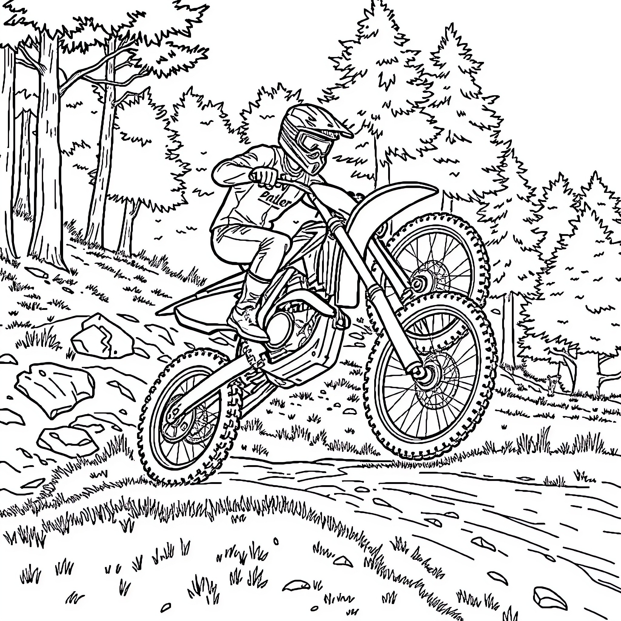 Dirtbike rider navigating through the forest Coloring Page (free black-and-white line drawing printable PDF for all, from beginners to advanced learners, including children, teens, adults, and seniors)