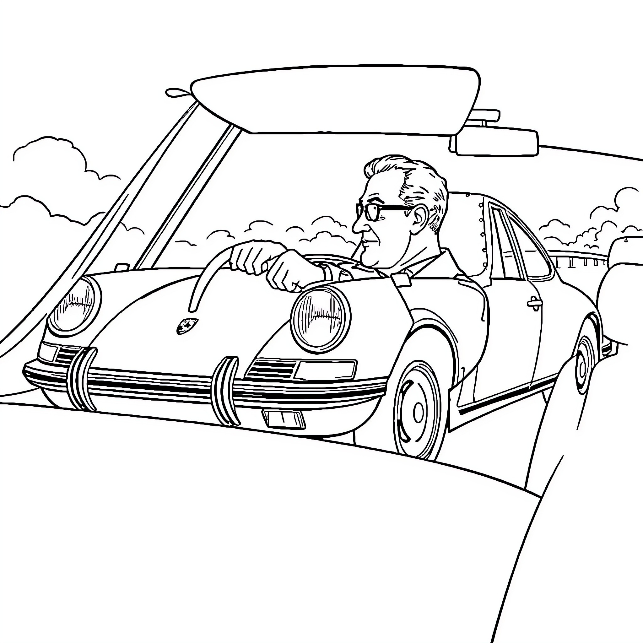 Porsche driver cruising on the open road Coloring Page (free black-and-white line drawing printable PDF for all, from beginners to advanced learners, including children, teens, adults, and seniors)