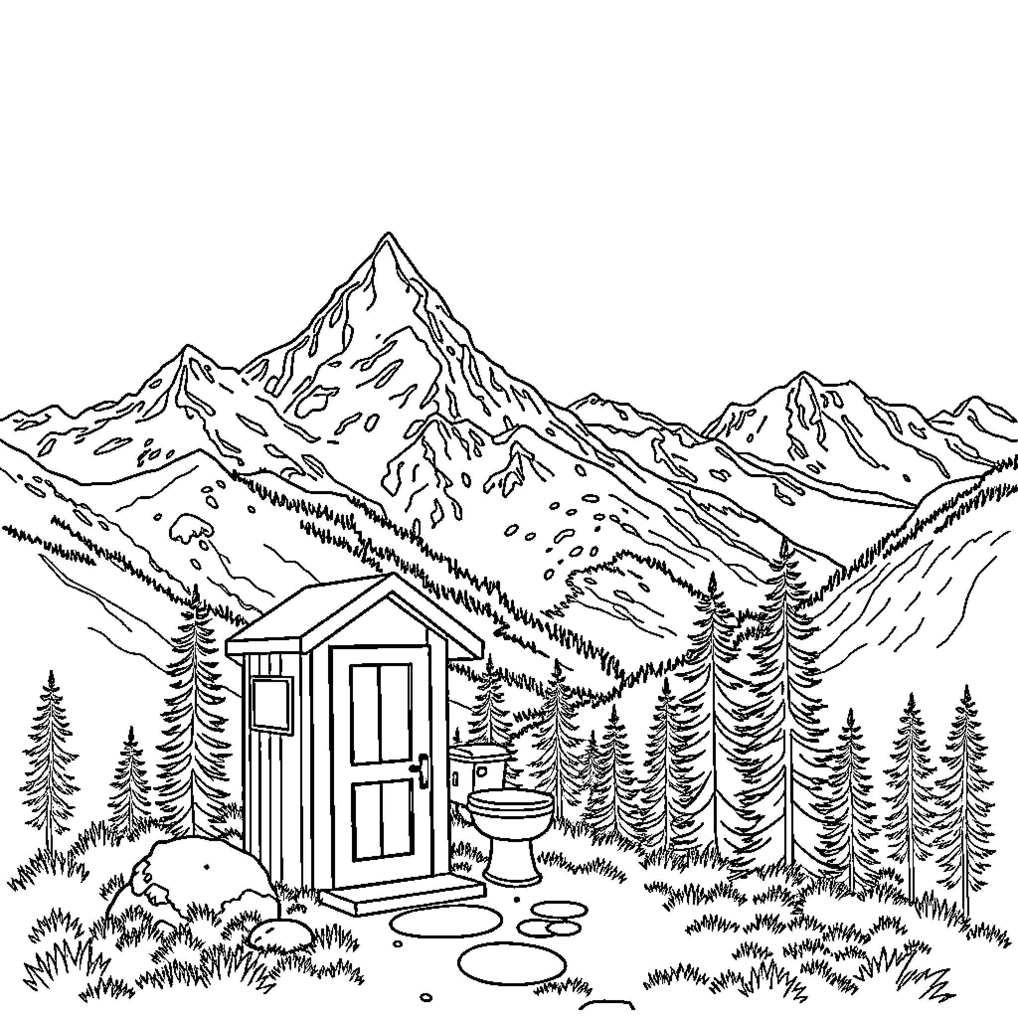 Toilet in the wilderness surrounded by mountains Coloring Page (free black-and-white line drawing printable PDF for all, from beginners to advanced learners, including children, teens, adults, and seniors)