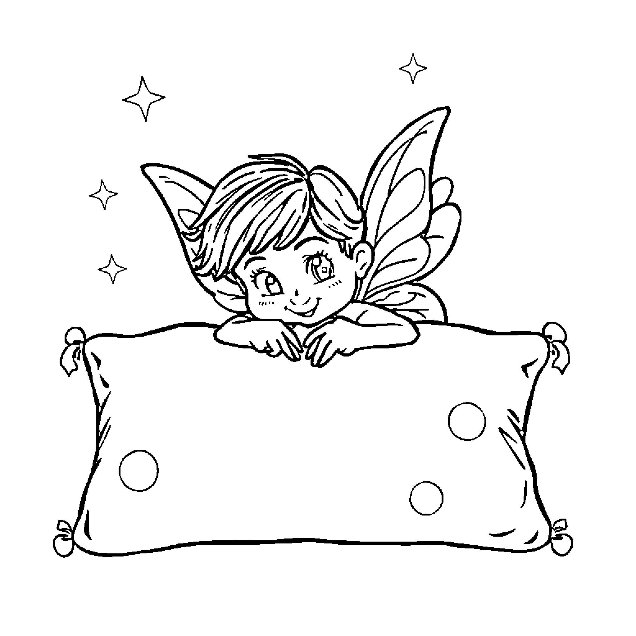 Tooth Fairy peeking from behind a pillow Coloring Page (free black-and-white line drawing printable PDF for all, from beginners to advanced learners, including children, teens, adults, and seniors)