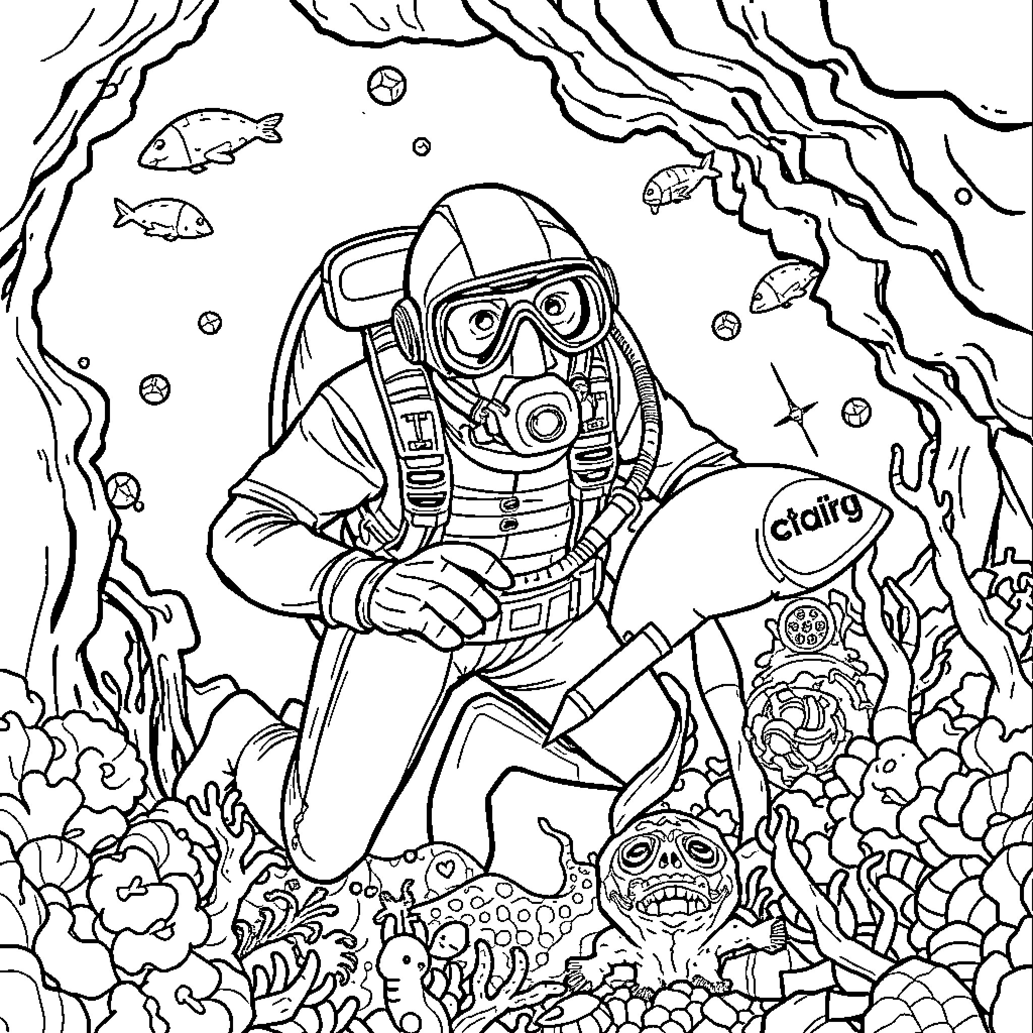 Spy exploring underwater marine life and coral Coloring Page (free black-and-white line drawing printable PDF for all, from beginners to advanced learners, including children, teens, adults, and seniors)