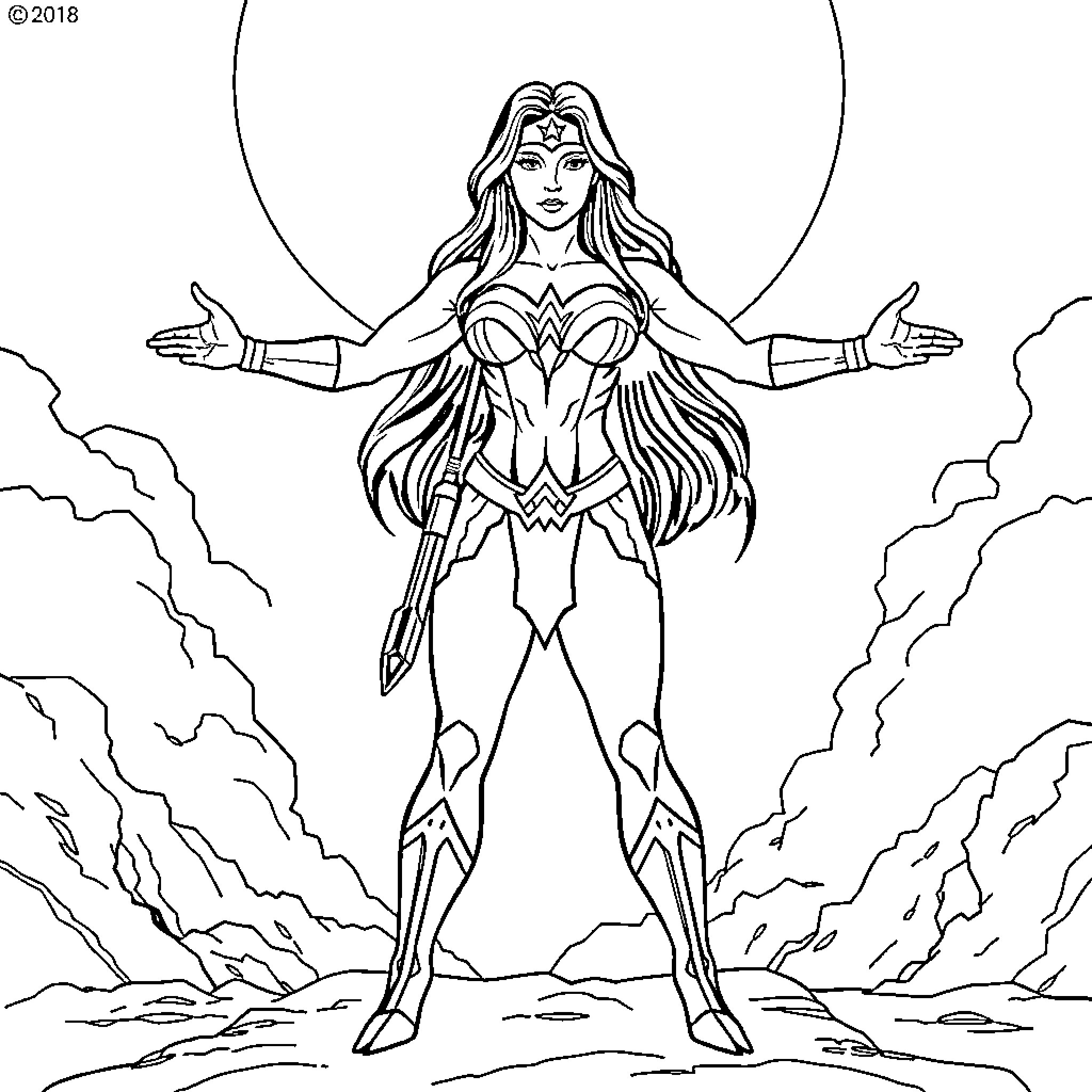 Wonder Woman heroically stands with arms outstretched Coloring Page (free black-and-white line drawing printable PDF for all, from beginners to advanced learners, including children, teens, adults, and seniors)