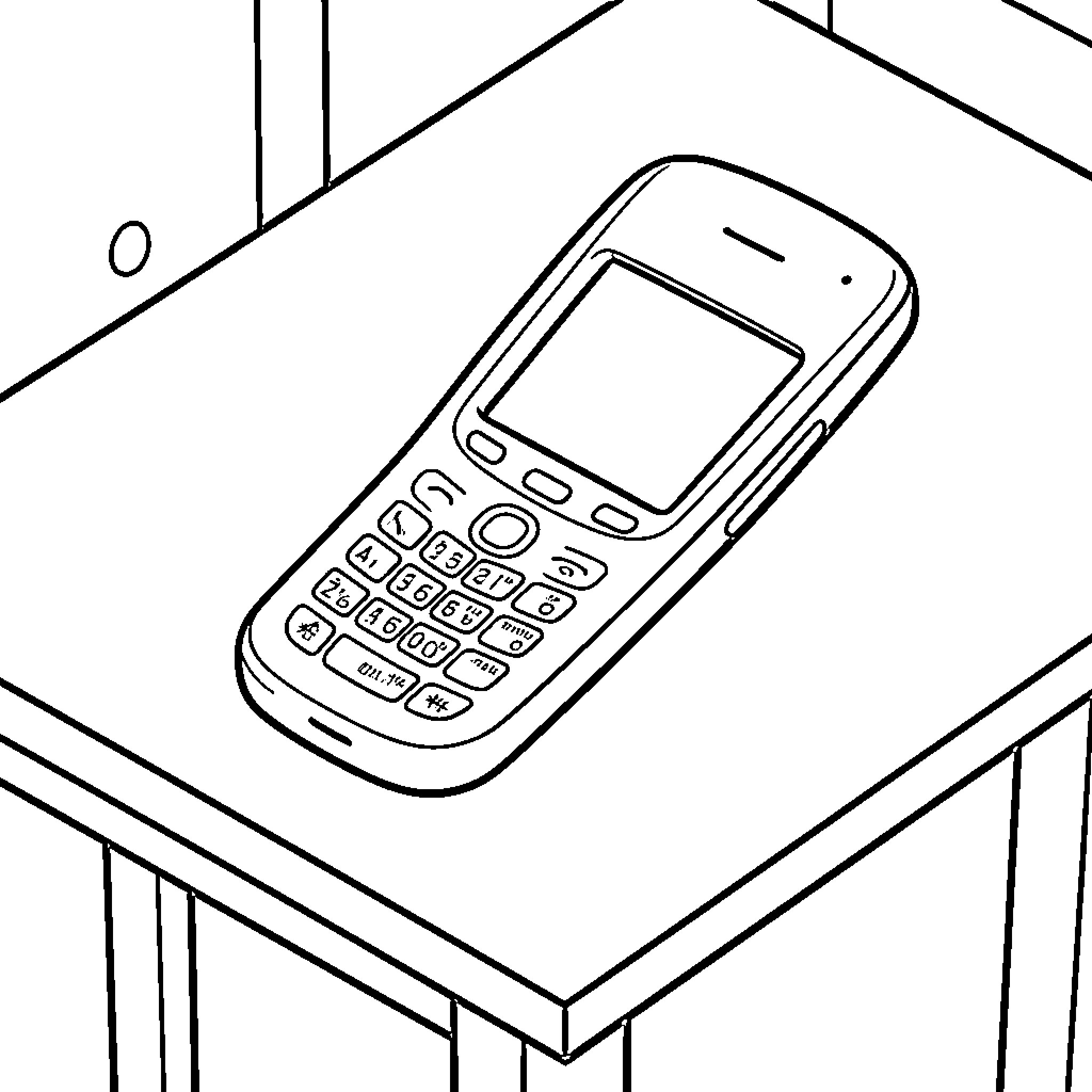 Mobile Phone resting on a flat surface Coloring Page (free black-and-white line drawing printable PDF for all, from beginners to advanced learners, including children, teens, adults, and seniors)