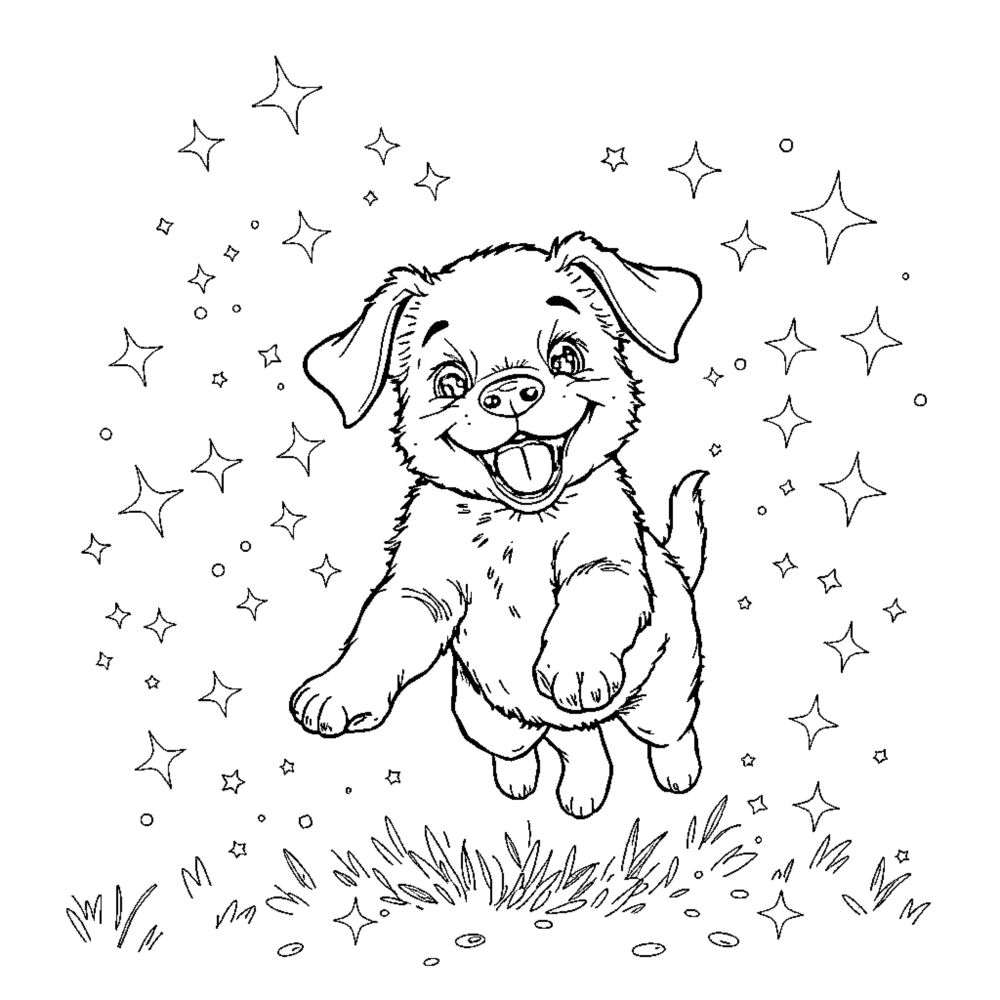 Puppy playing happily in the starry night Coloring Page (free black-and-white line drawing printable PDF for all, from beginners to advanced learners, including children, teens, adults, and seniors)