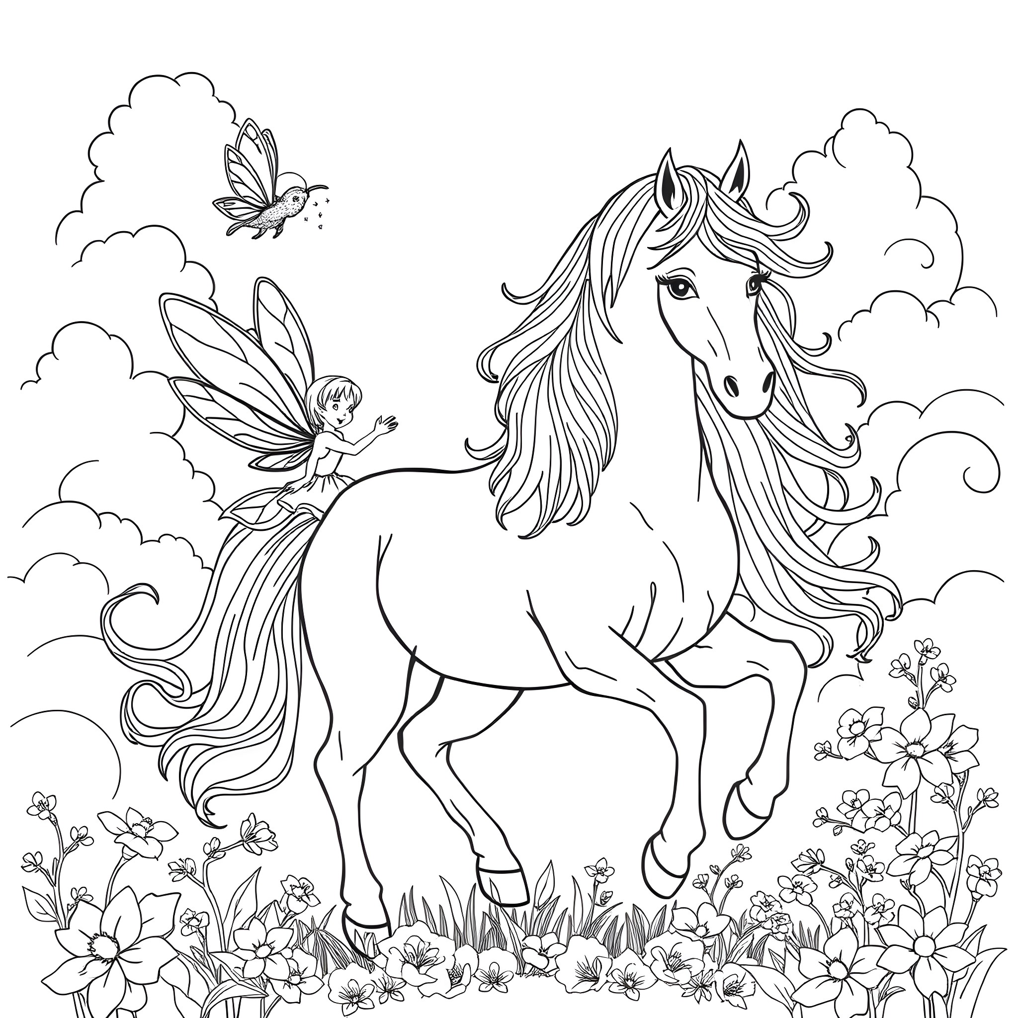 Fairy Unicorn and Fairies in the Magical Forest Coloring Page (free black-and-white line drawing printable PDF for all, from beginners to advanced learners, including children, teens, adults, and seniors)