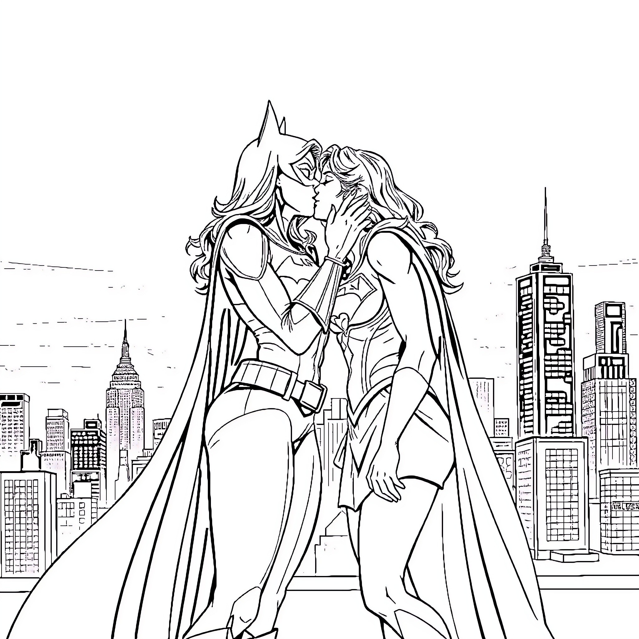 Batgirl and Companion Embrace in the City Coloring Page (free black-and-white line drawing printable PDF for all, from beginners to advanced learners, including children, teens, adults, and seniors)