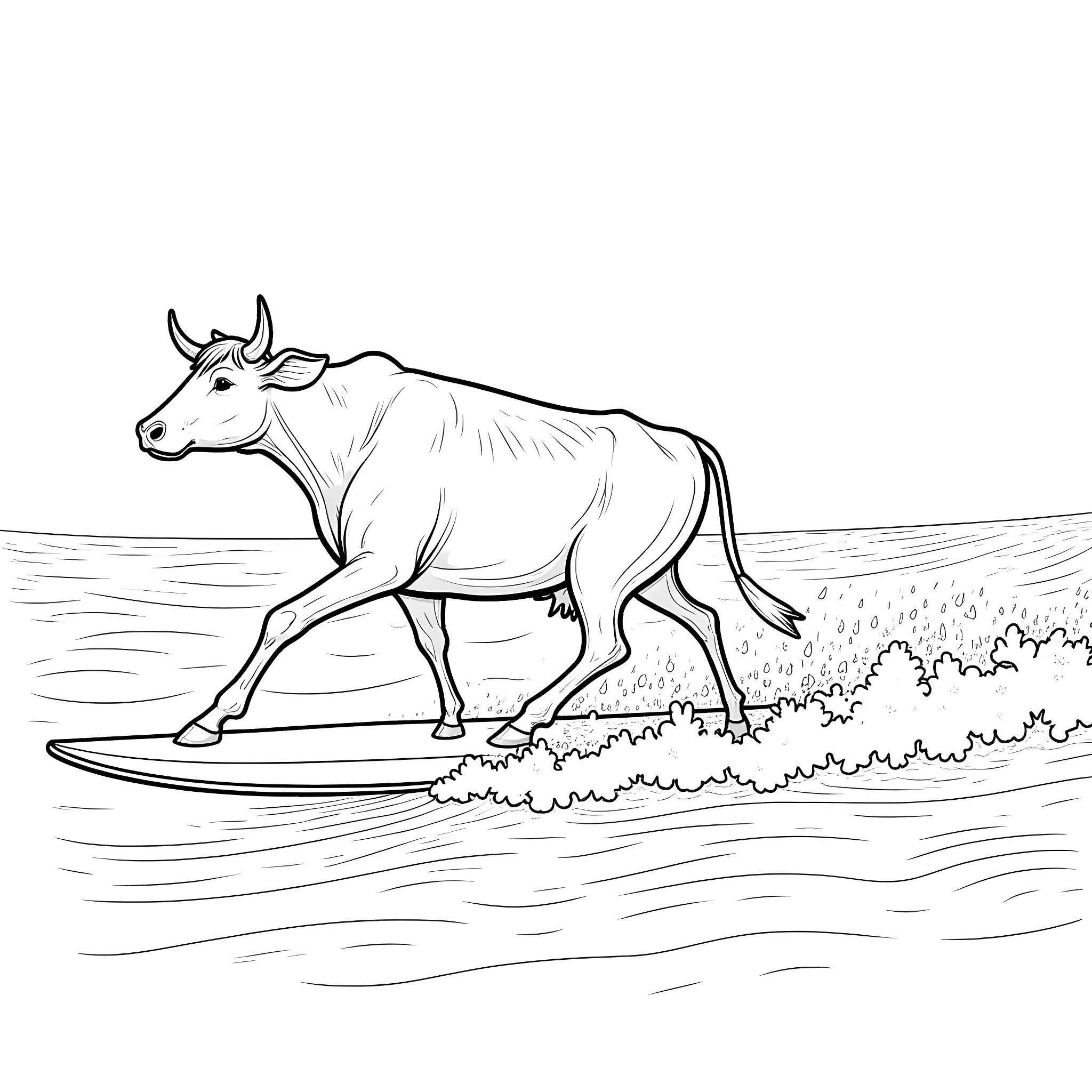 Cow surfing the waves Coloring Page (free black-and-white line drawing printable PDF for all, from beginners to advanced learners, including children, teens, adults, and seniors)