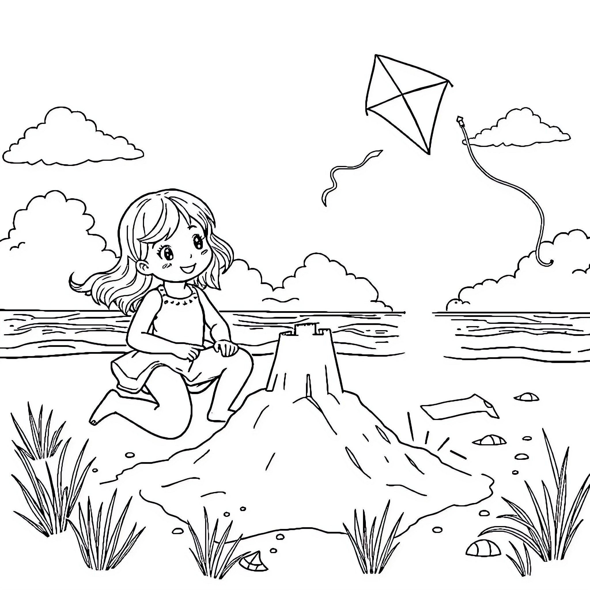 Summer fun with flying kite and beach exploration Coloring Page (free black-and-white line drawing printable PDF for all, from beginners to advanced learners, including children, teens, adults, and seniors)