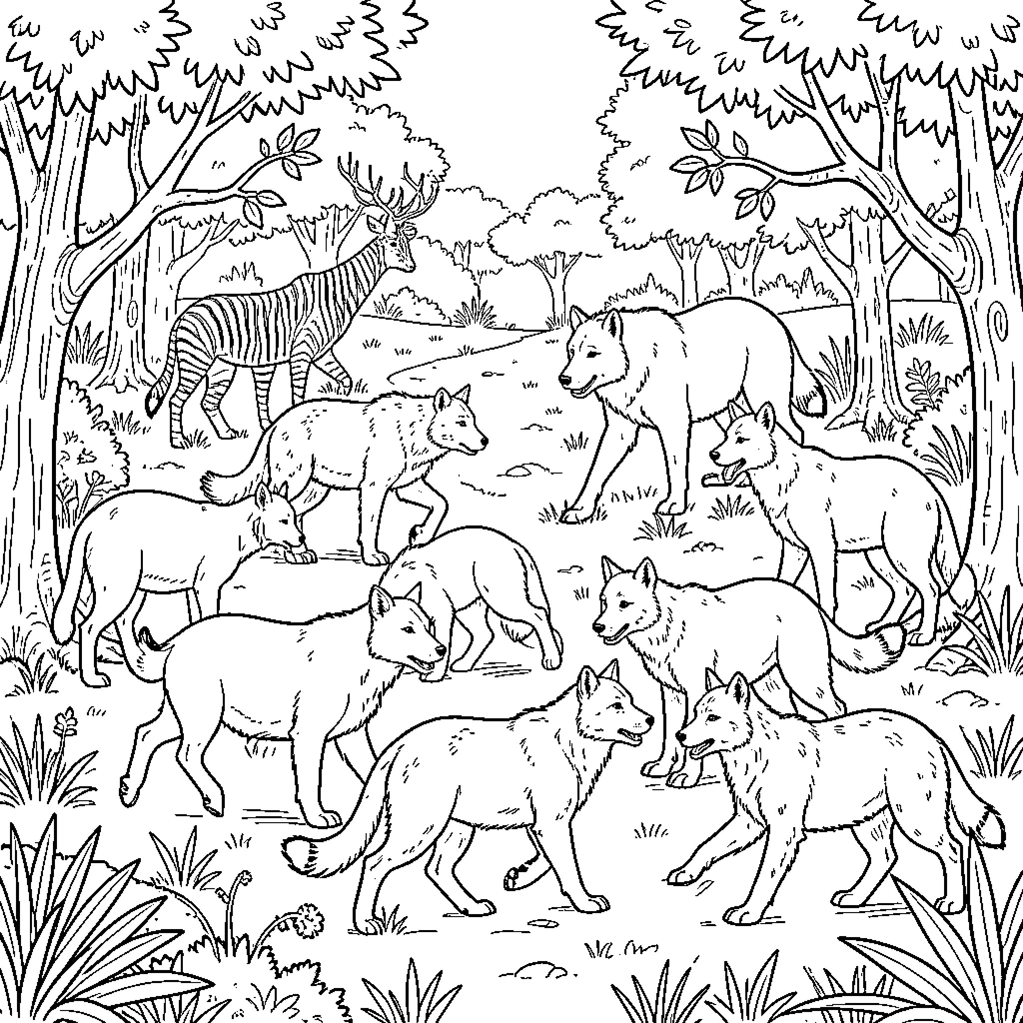 Animal Gathering in the Lush Forest Coloring Page (free black-and-white line drawing printable PDF for all, from beginners to advanced learners, including children, teens, adults, and seniors)