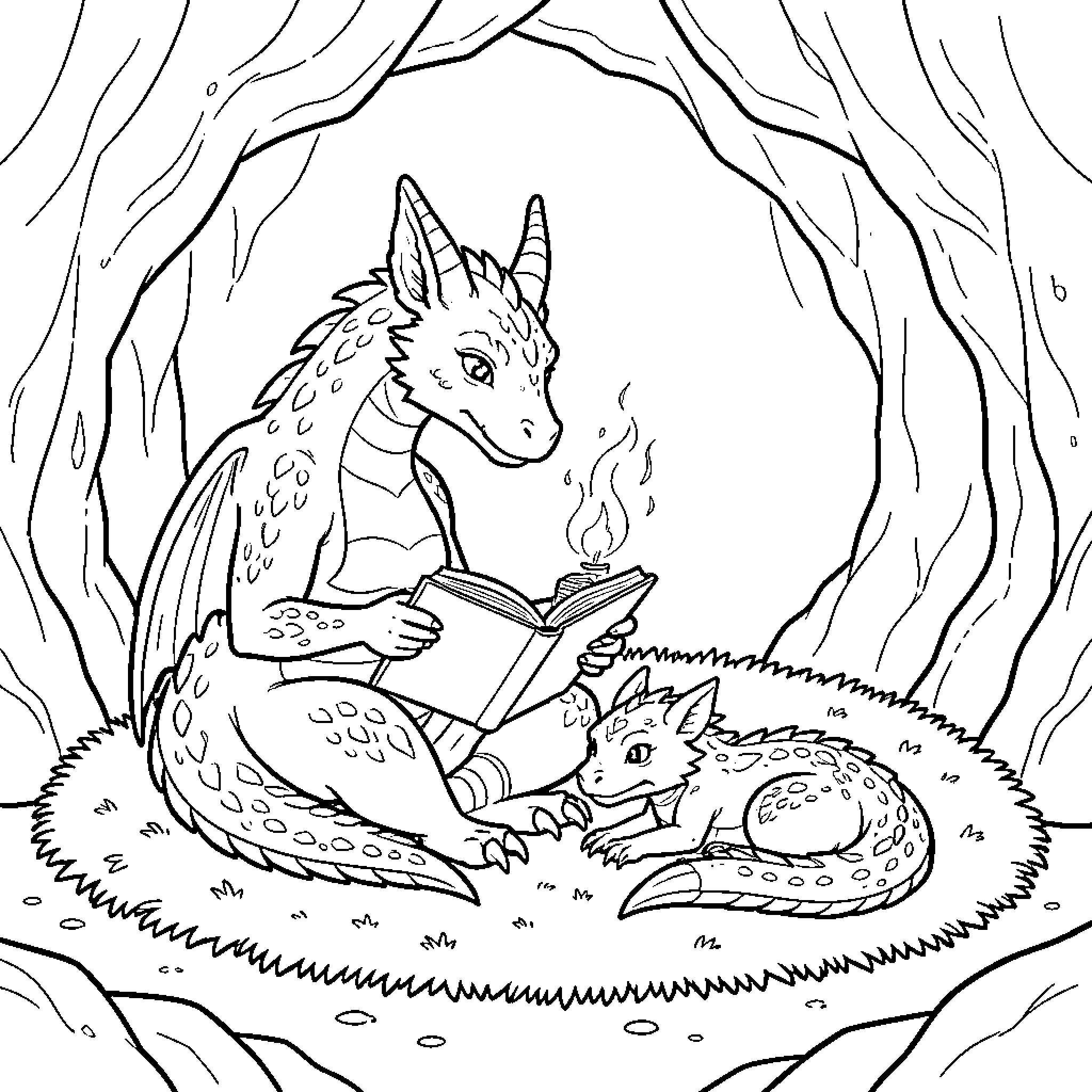 Dragon reading a book to a small companion Coloring Page (free black-and-white line drawing printable PDF for all, from beginners to advanced learners, including children, teens, adults, and seniors)