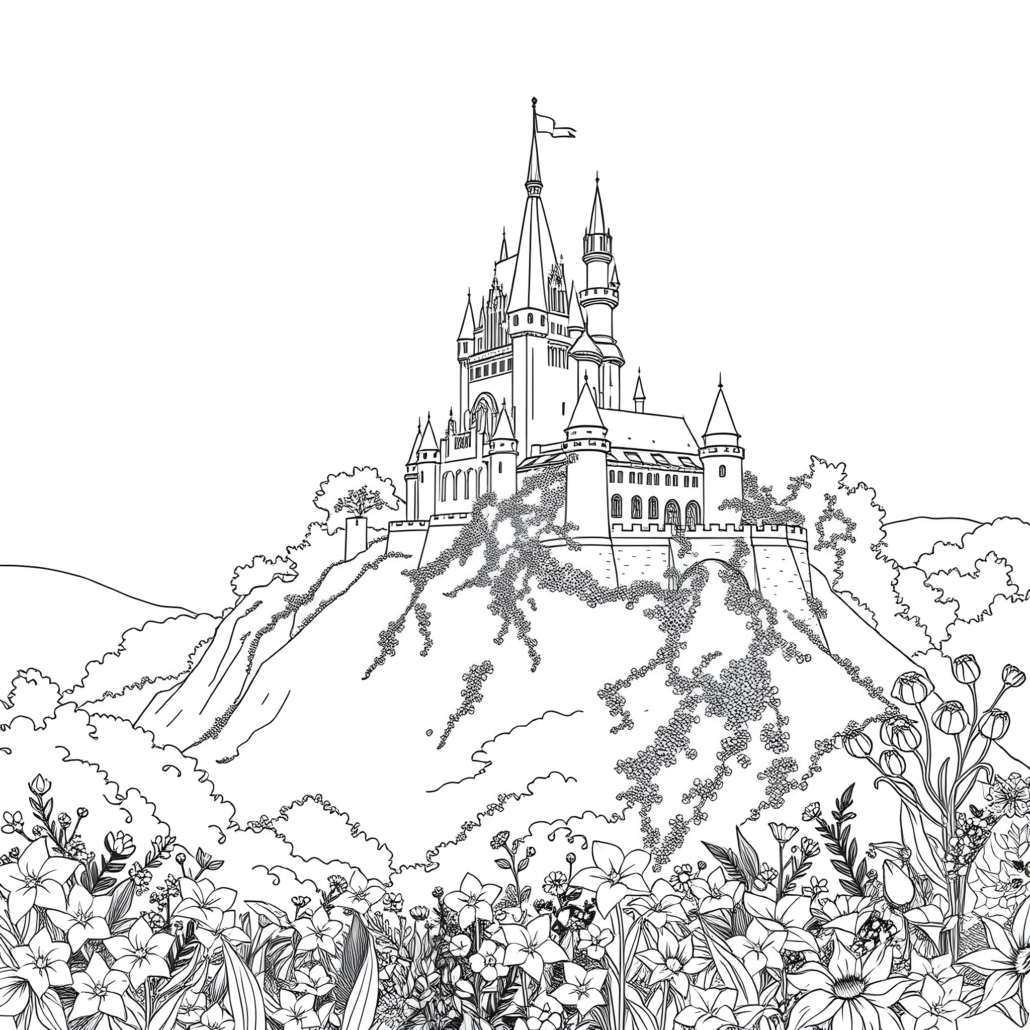 Castle in the Enchanted Forest with Playful Characters Coloring Page (free black-and-white line drawing printable PDF for all, from beginners to advanced learners, including children, teens, adults, and seniors)