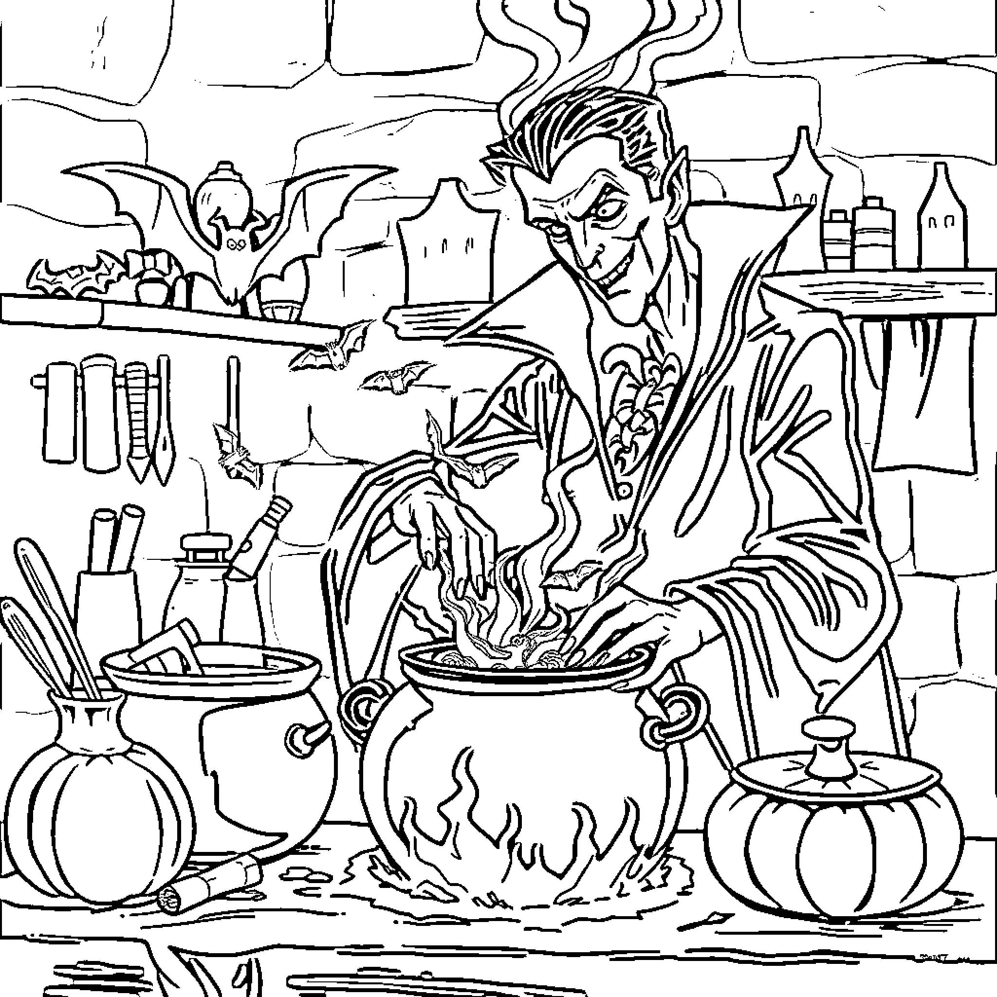 Vampire Brewing Potions in Dark Lair Coloring Page (free black-and-white line drawing printable PDF for all, from beginners to advanced learners, including children, teens, adults, and seniors)