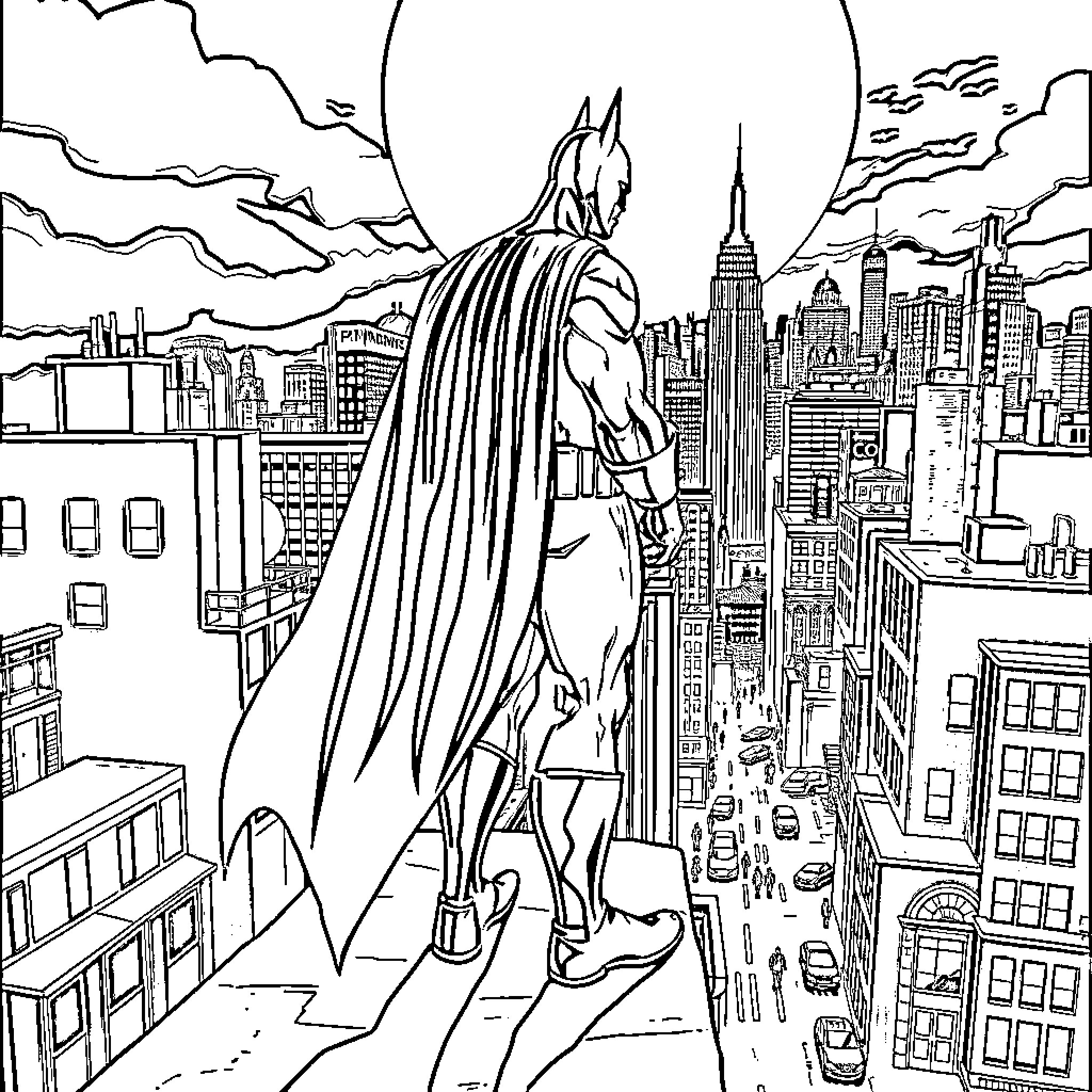 Batman overlooking the city skyline Coloring Page (free black-and-white line drawing printable PDF for all, from beginners to advanced learners, including children, teens, adults, and seniors)
