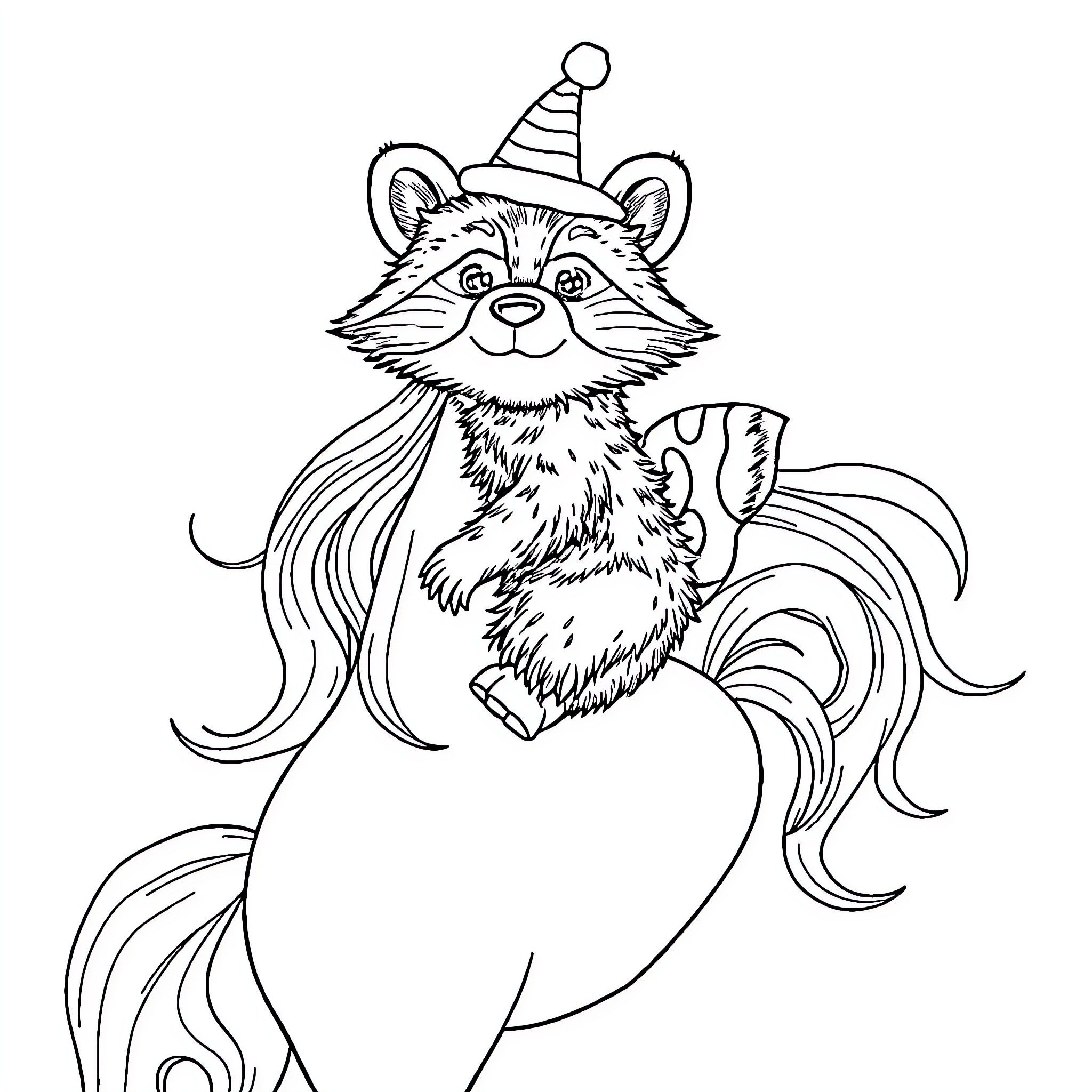 Raccoon wearing a party hat in a whimsical scene Coloring Page (free black-and-white line drawing printable PDF for all, from beginners to advanced learners, including children, teens, adults, and seniors)