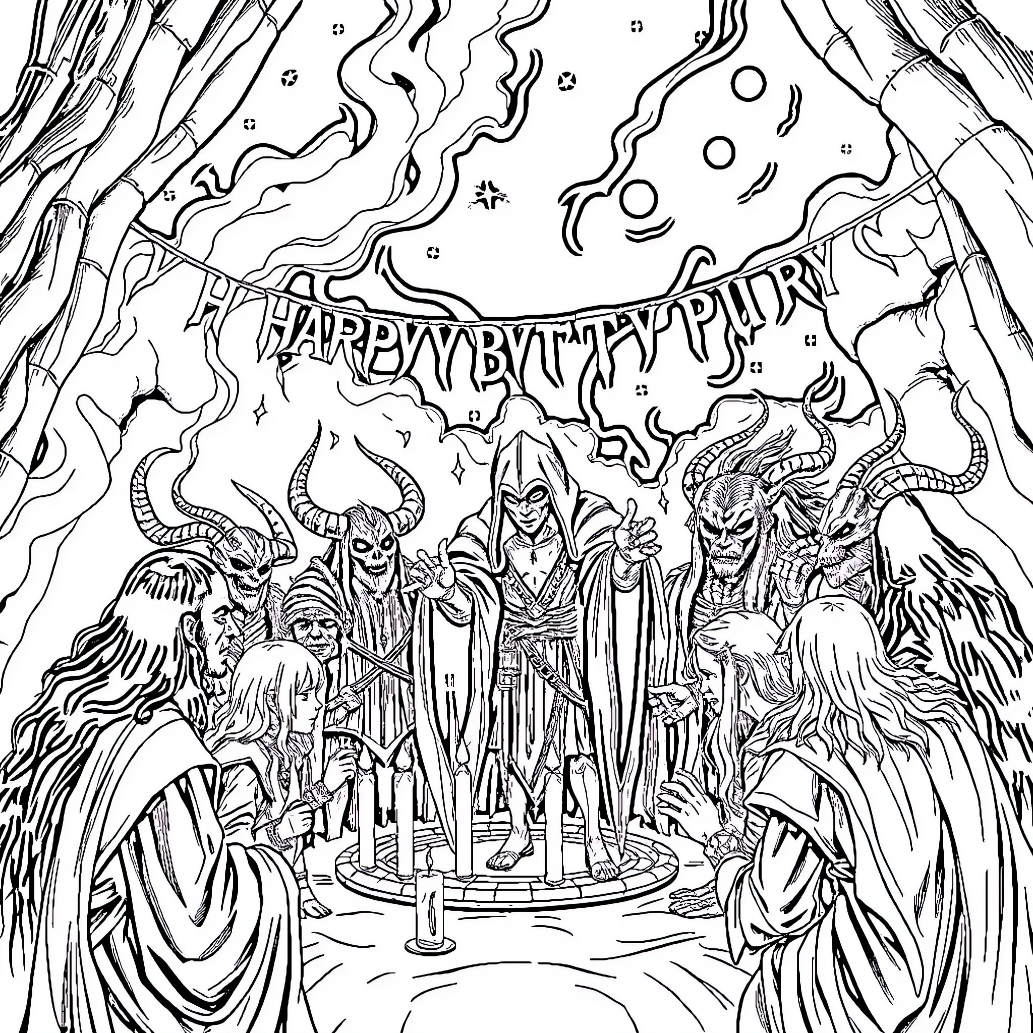 Sauron's Dark Lord Celebration Coloring Page (free black-and-white line drawing printable PDF for all, from beginners to advanced learners, including children, teens, adults, and seniors)
