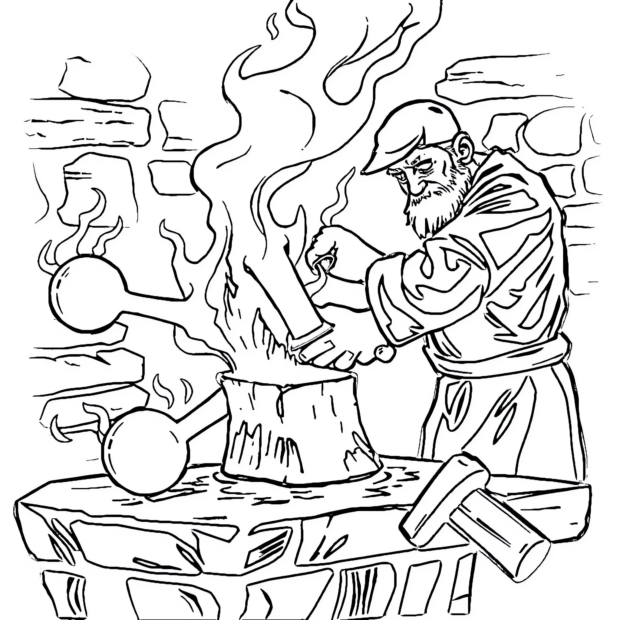 Blacksmith forging metal with intensity and focus Coloring Page (free black-and-white line drawing printable PDF for all, from beginners to advanced learners, including children, teens, adults, and seniors)