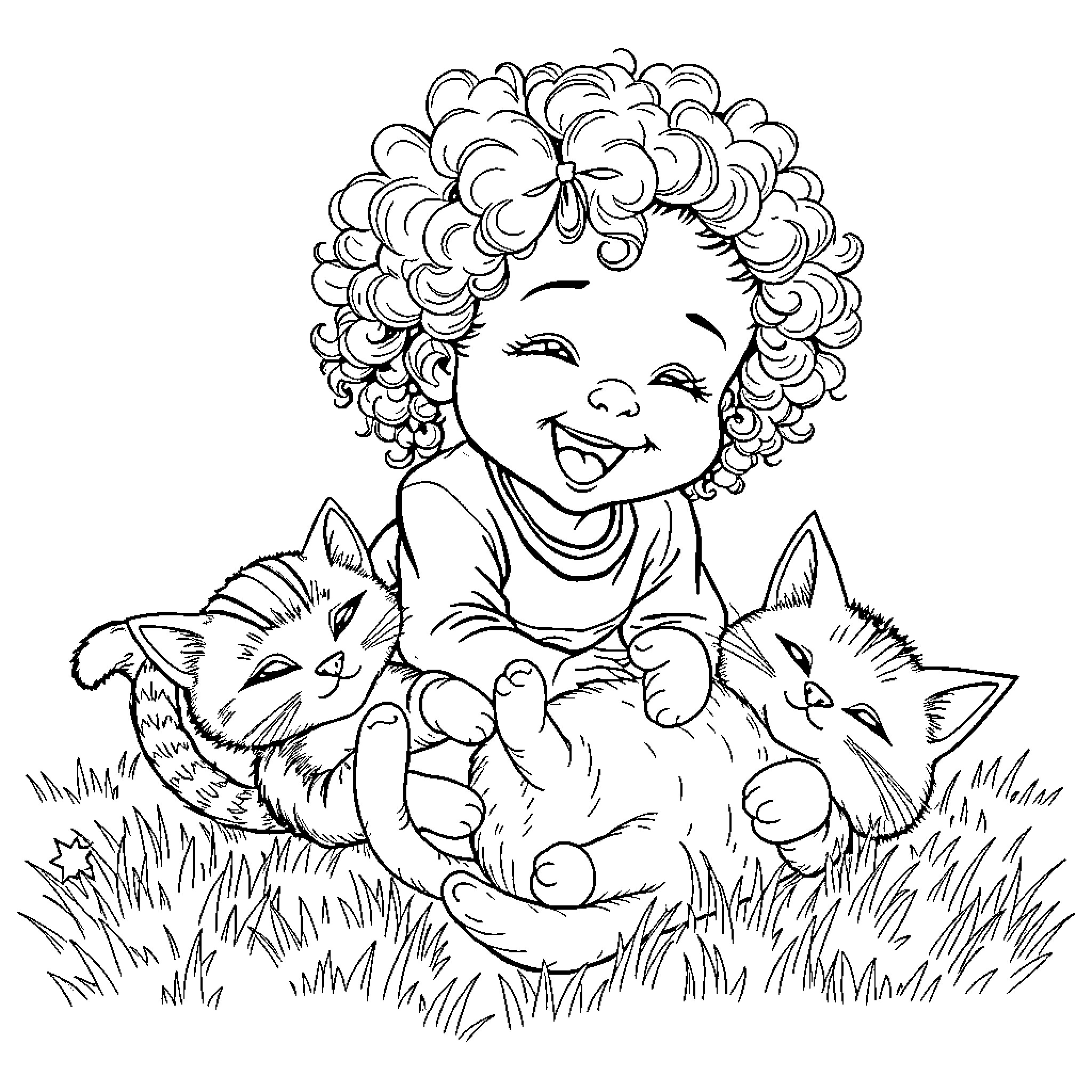 Girl Cuddling Playful Kittens in Grassy Field Coloring Page (free black-and-white line drawing printable PDF for all, from beginners to advanced learners, including children, teens, adults, and seniors)