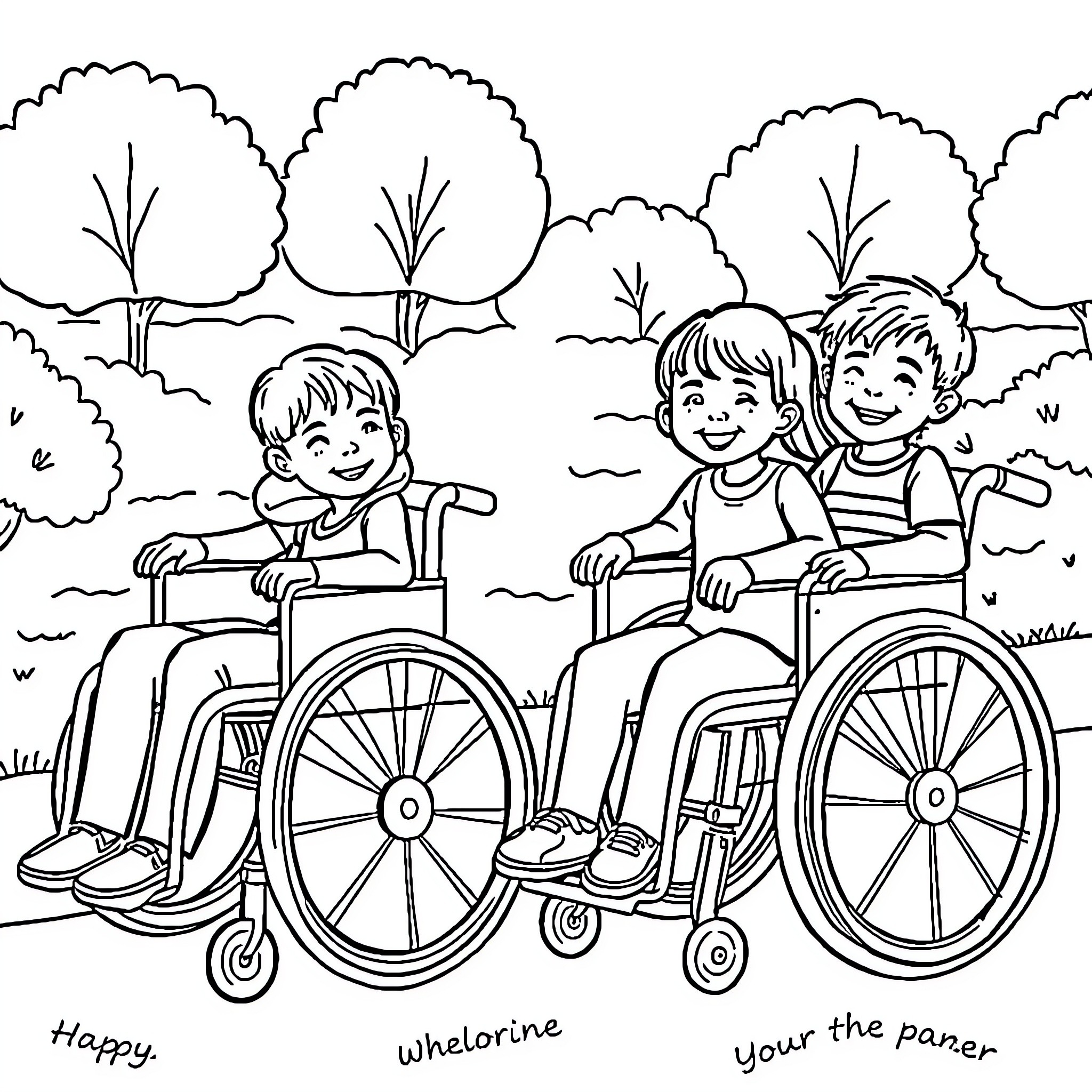 Kid with friends in wheelchairs playing outdoors Coloring Page (free black-and-white line drawing printable PDF for all, from beginners to advanced learners, including children, teens, adults, and seniors)