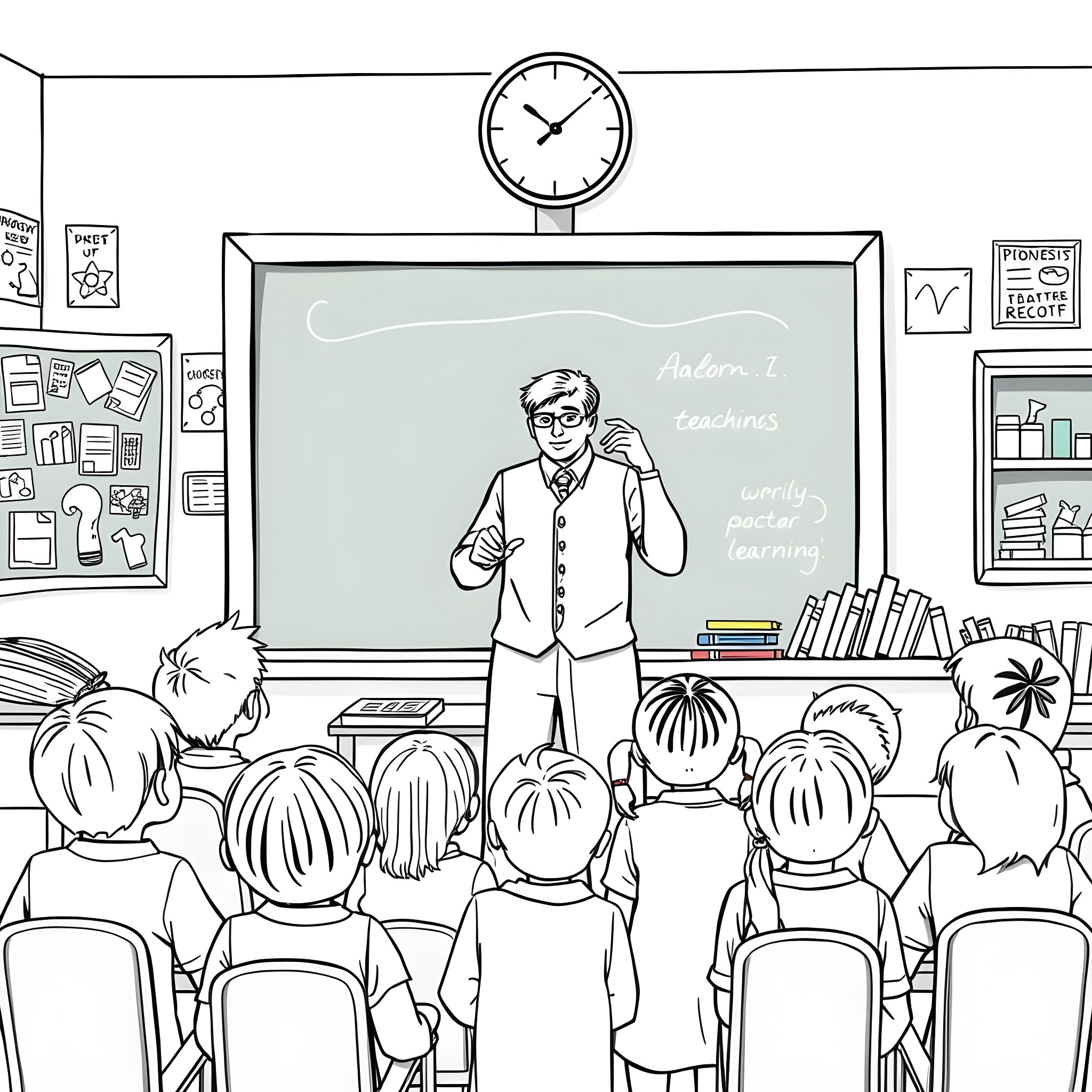 Teacher Lecturing Attentive Students in Classroom Coloring Page (free black-and-white line drawing printable PDF for all, from beginners to advanced learners, including children, teens, adults, and seniors)