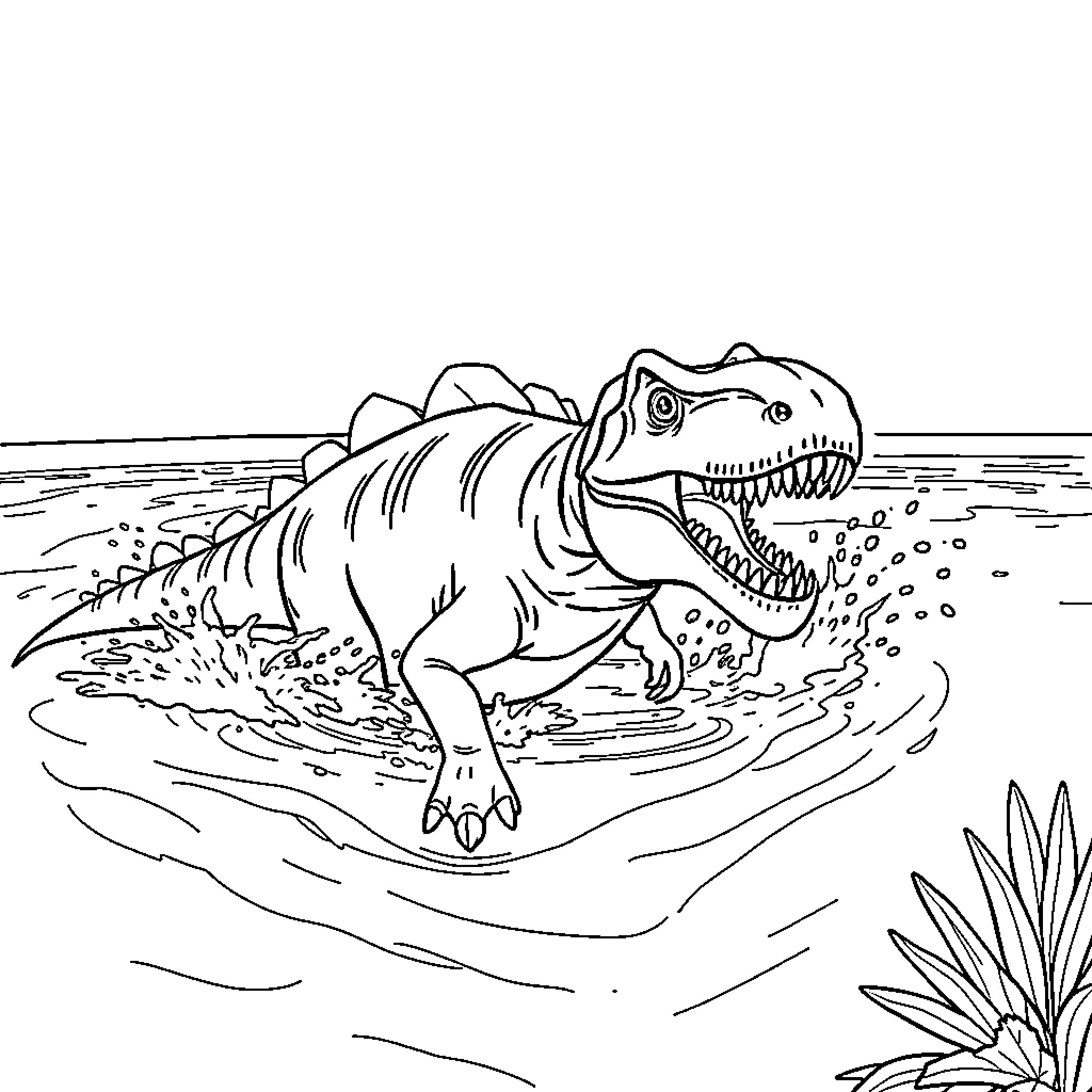 Dinosaur roaring aggressively in the swamp Coloring Page (free black-and-white line drawing printable PDF for all, from beginners to advanced learners, including children, teens, adults, and seniors)