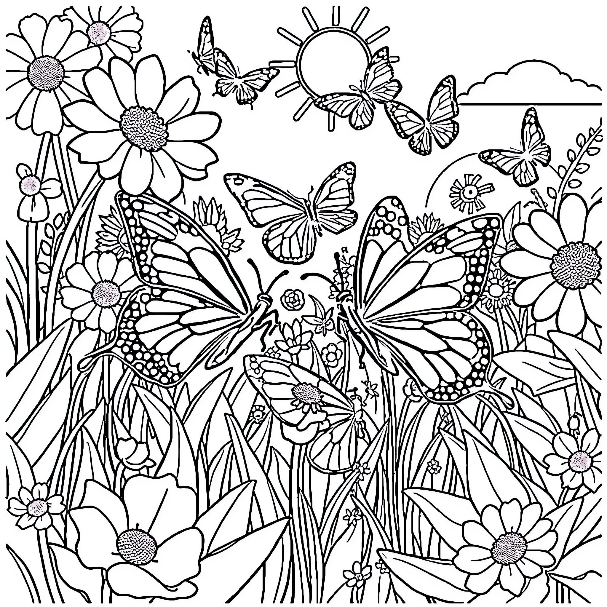 Butterfly Meadow with Vibrant Floral Scenery Coloring Page (free black-and-white line drawing printable PDF for all, from beginners to advanced learners, including children, teens, adults, and seniors)